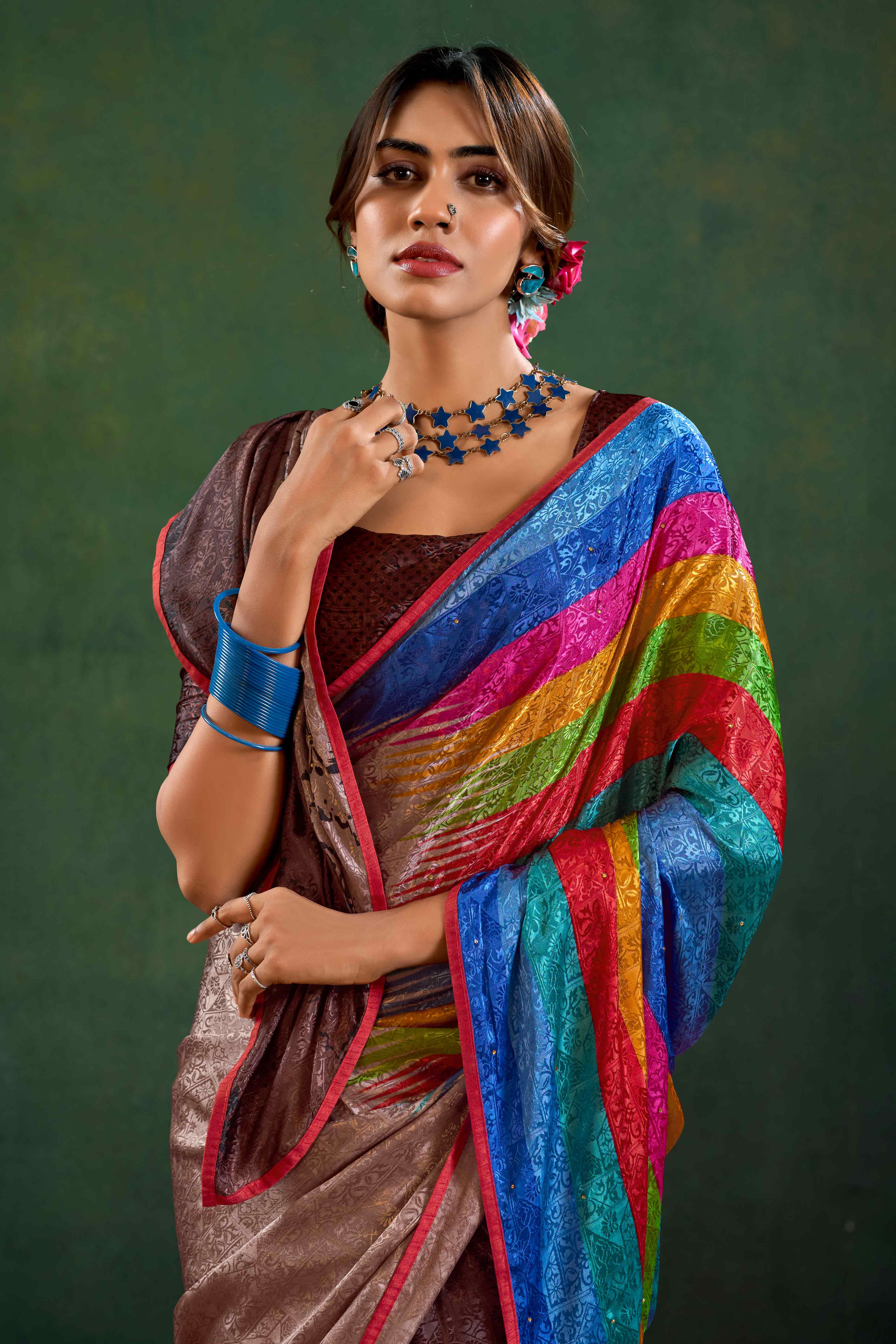 Brown Crepe Jacquard Saree with Vibrant Prints & Stone Work