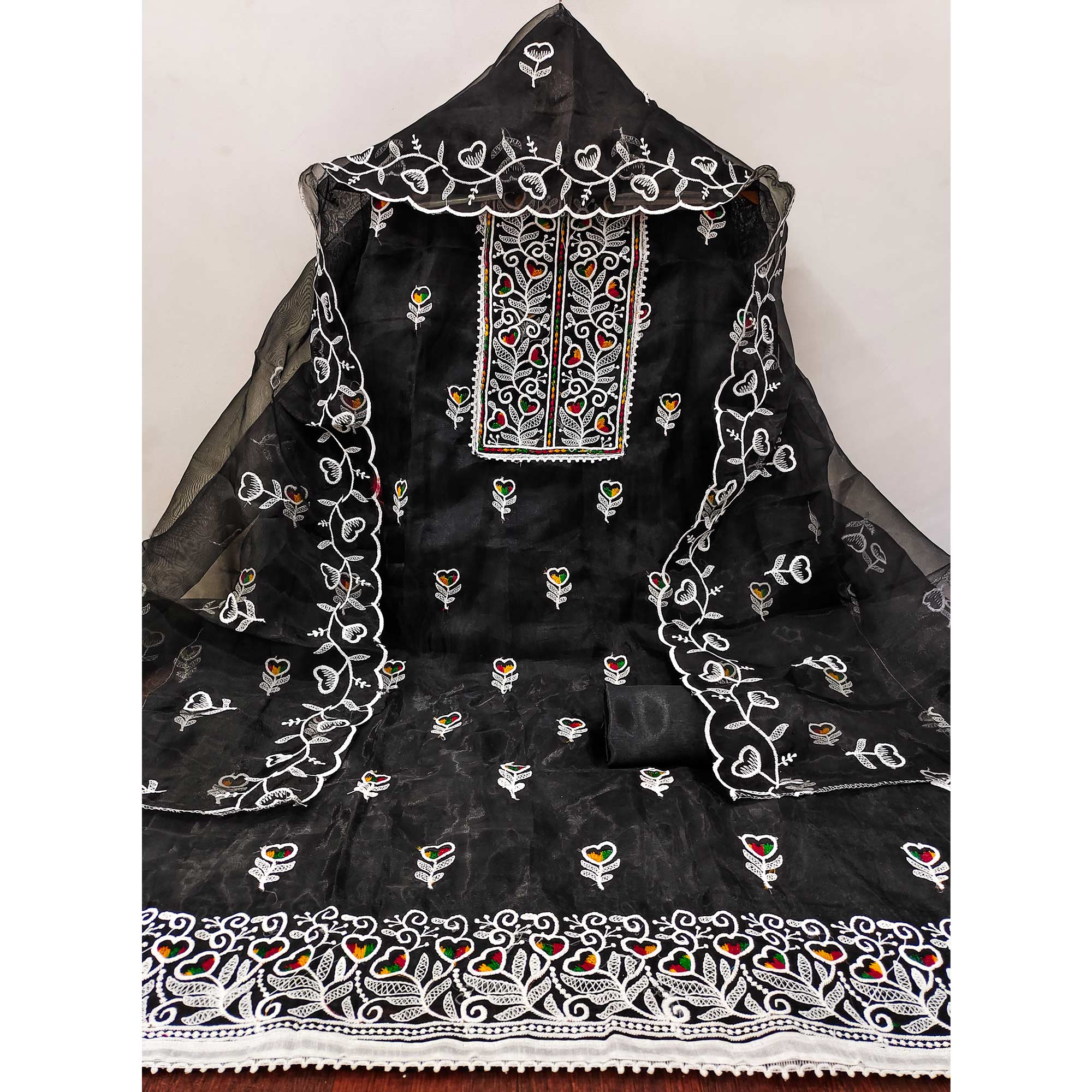 Black Organza Dress Material With Intricate Floral Embroidery Work