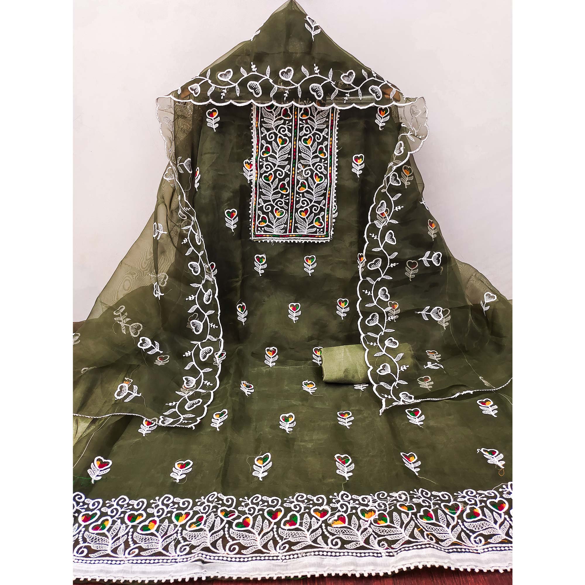Mehendi Green Organza Dress Material With Intricate Floral Embroidery Work
