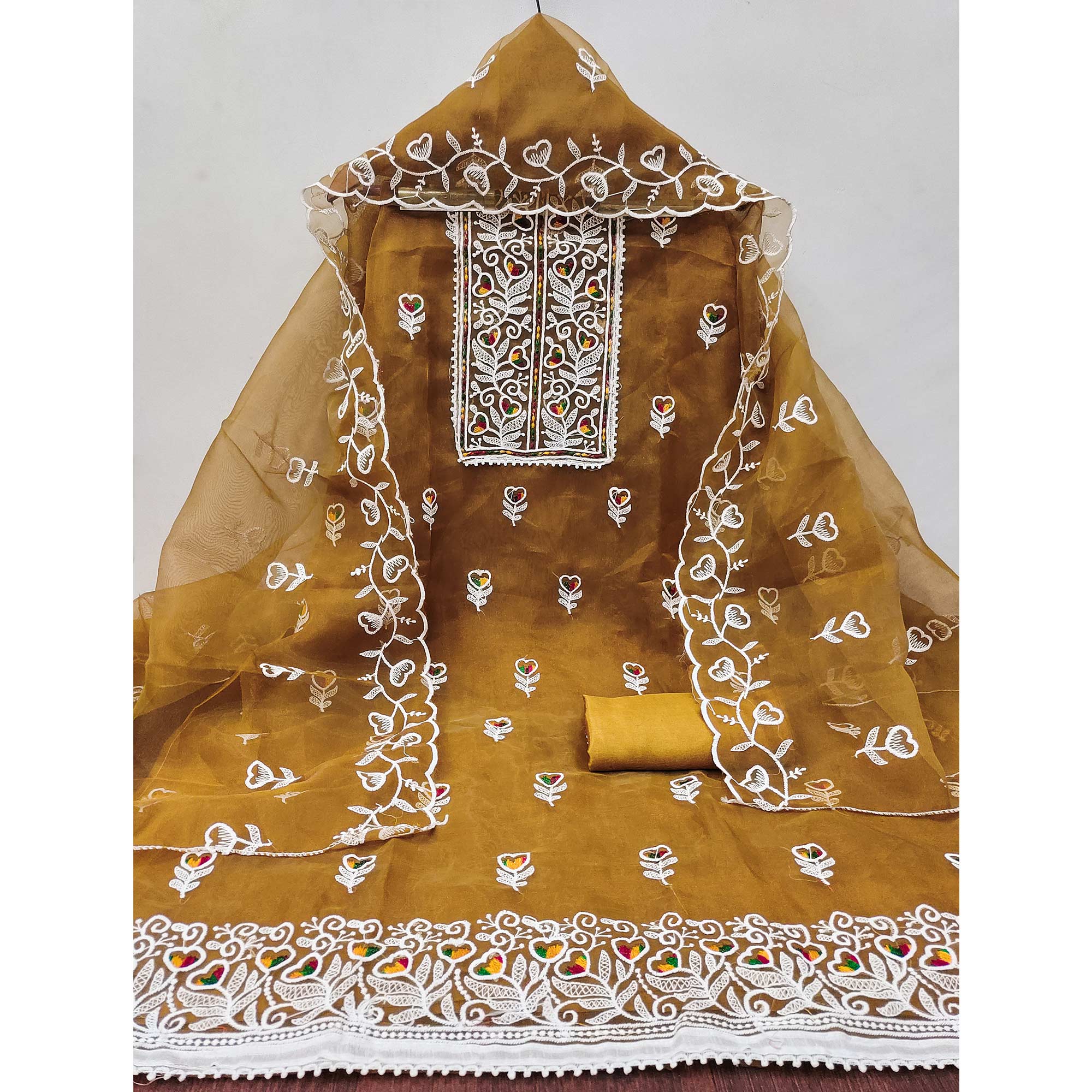 Mustard Organza Dress Material With Intricate Floral Embroidery Work