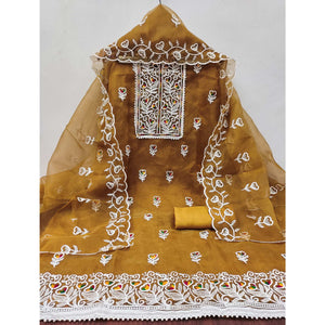 Mustard Organza Dress Material With Intricate Floral Embroidery Work