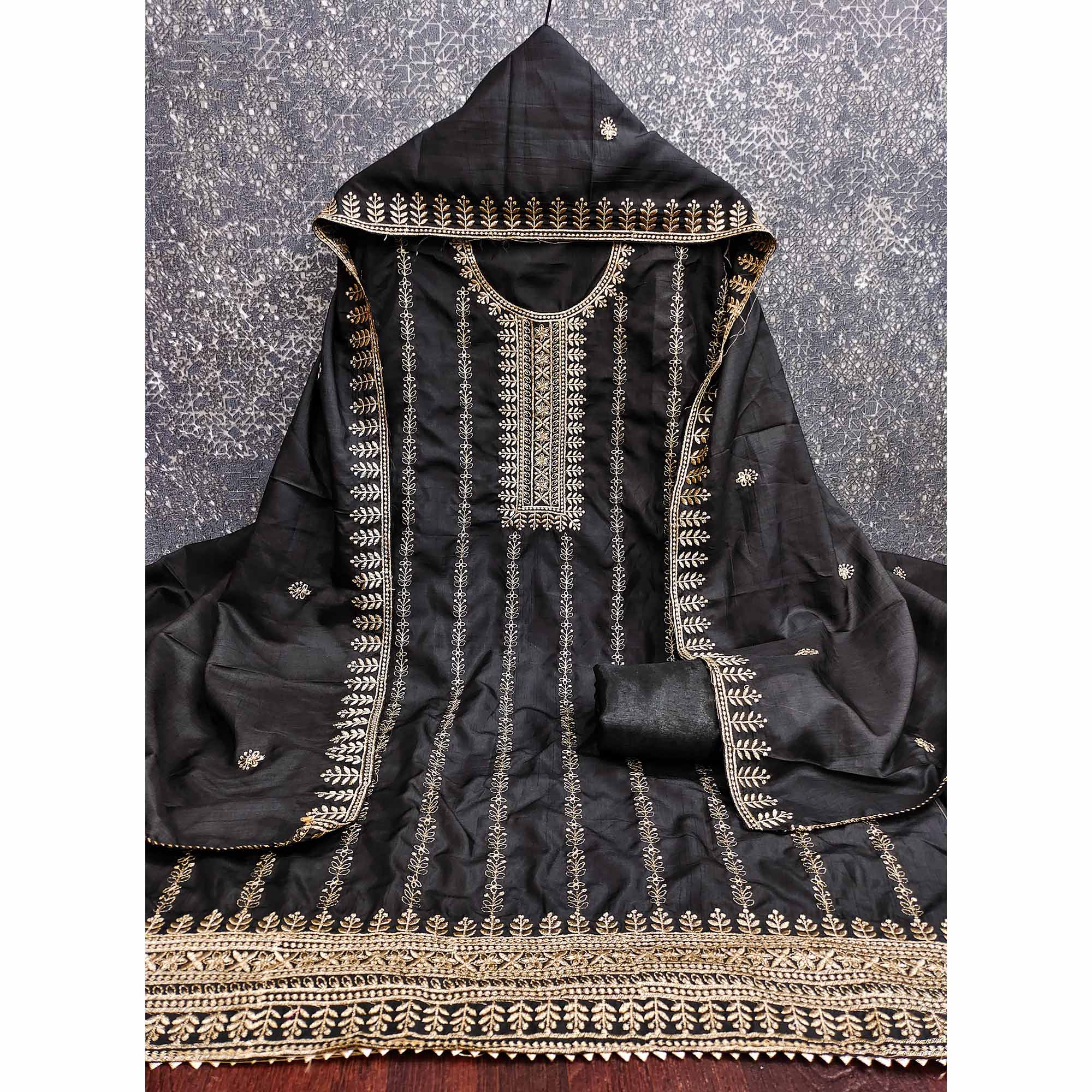 Black Cotton Blend Dress Material with Delicate Floral Zari Embroidery