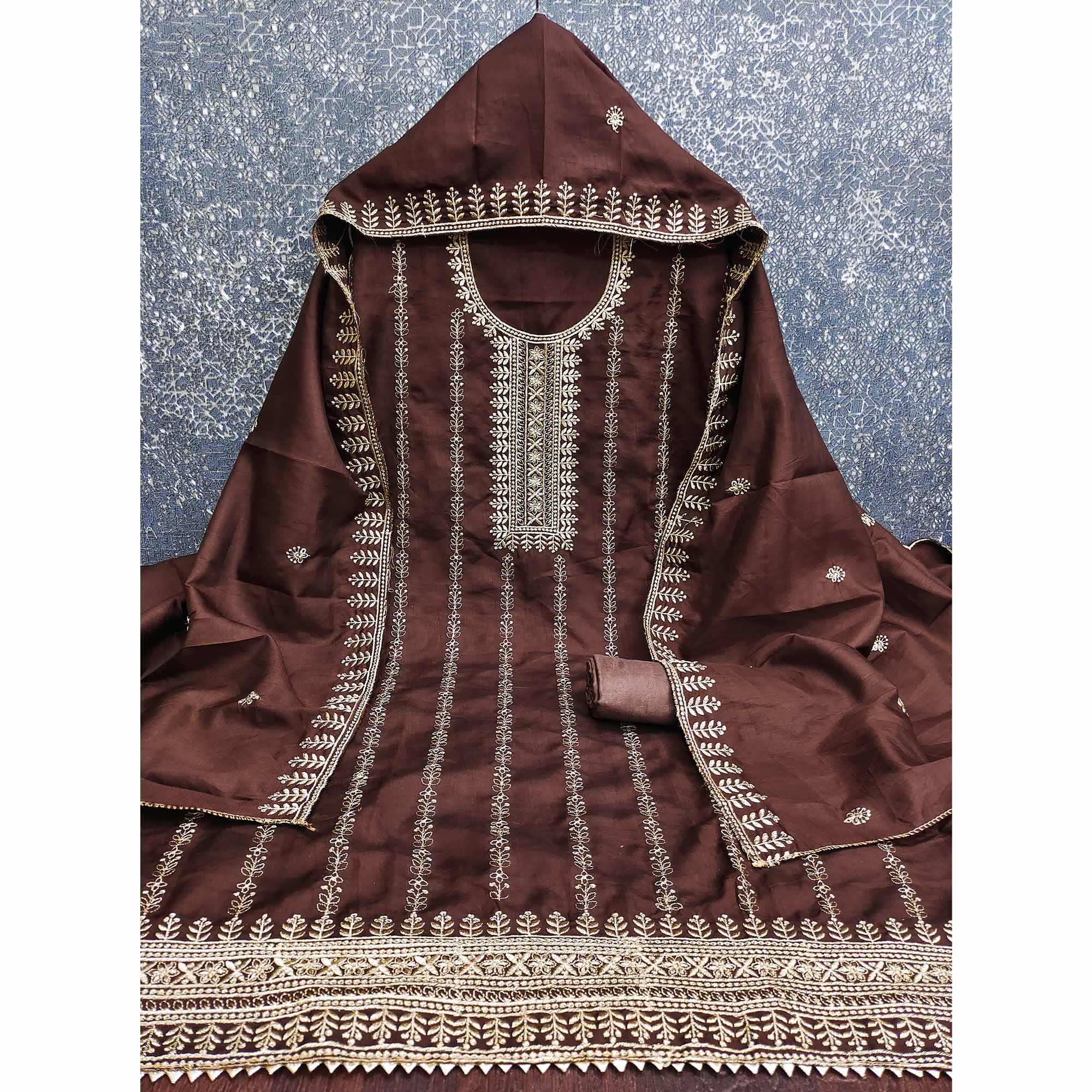 Brown Cotton Blend Dress Material with Delicate Floral Zari Embroidery