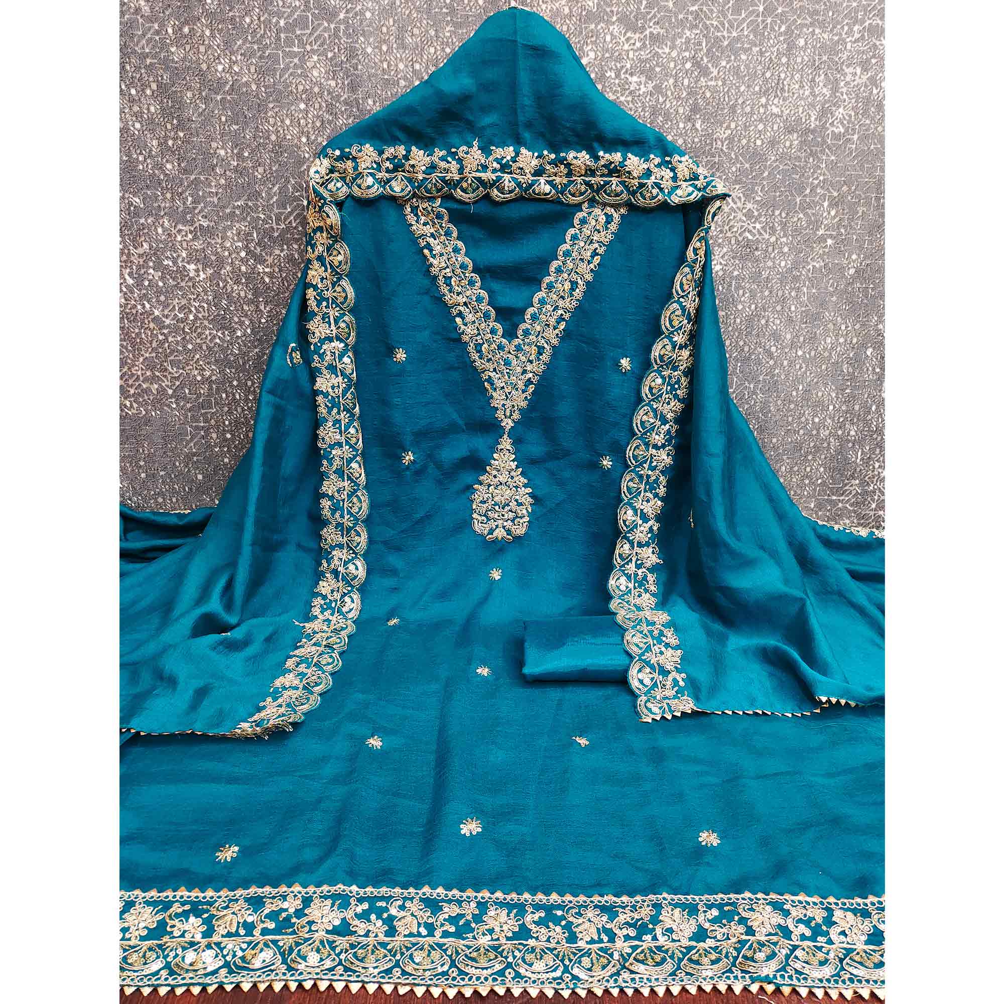 Blue Vichitra Silk Dress Material Adorned With Floral Cording Embroidery & Sparkling Sequins Work
