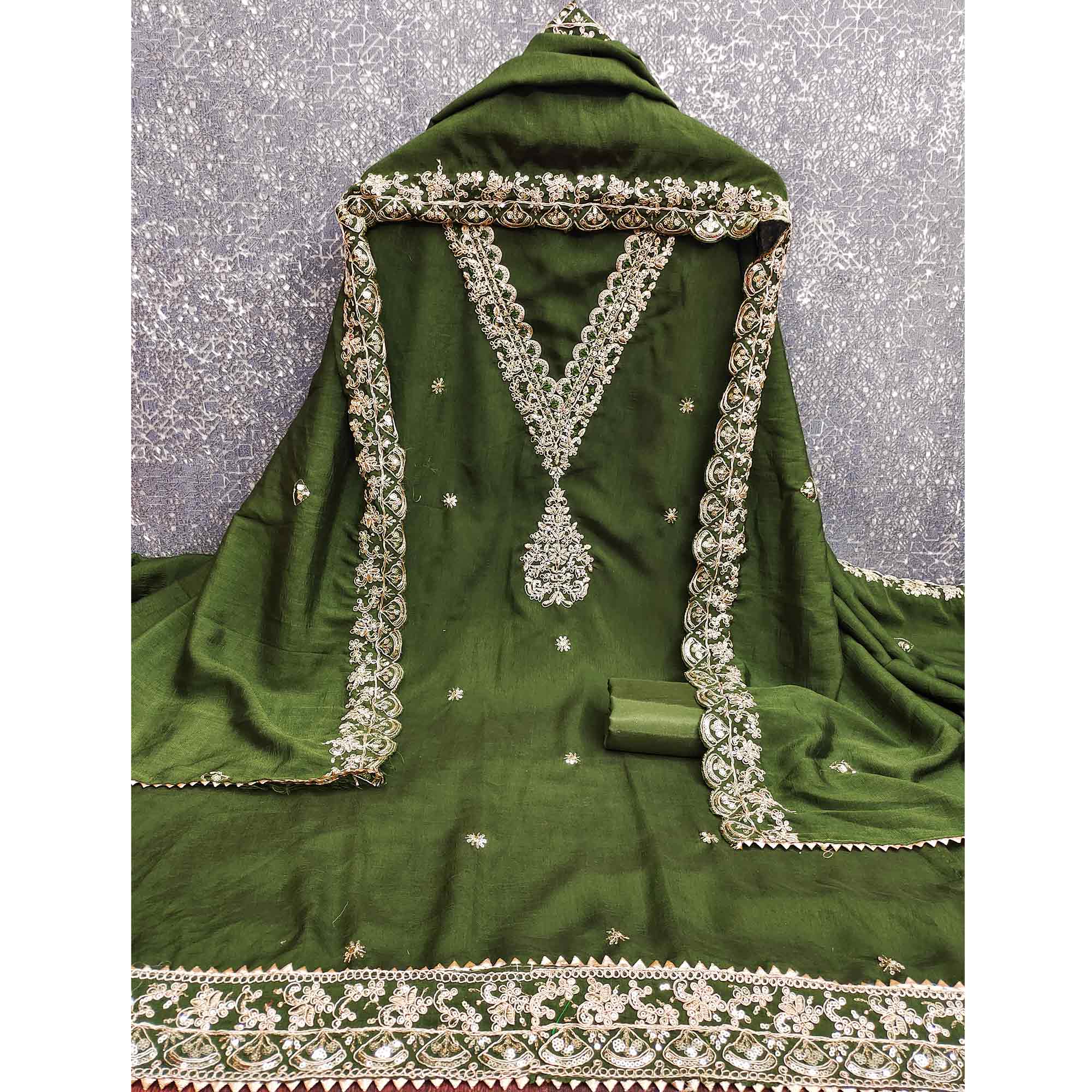 Green Vichitra Silk Dress Material Adorned With Floral Cording Embroidery & Sparkling Sequins Work