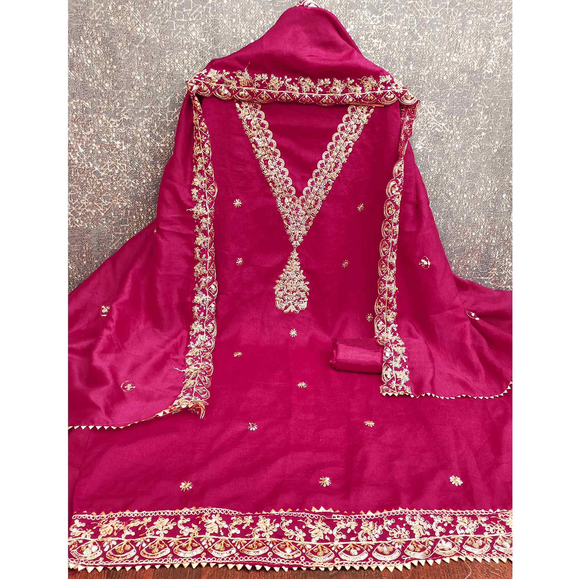 Pink Vichitra Silk Dress Material Adorned With Floral Cording Embroidery & Sparkling Sequins Work