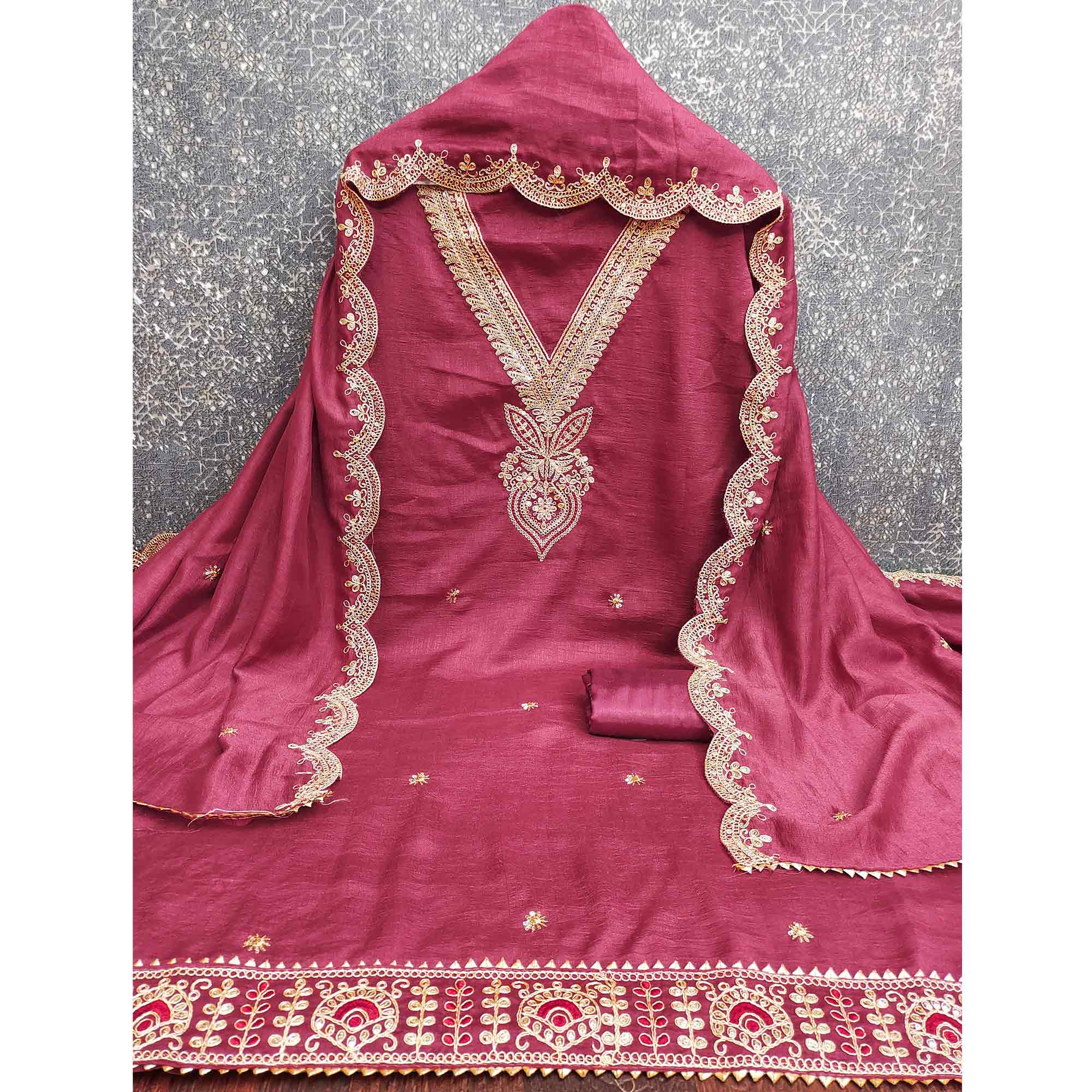 Pink Floral Embroidered Vichitra Silk Dress Material Enhanced With Detailed Cording & Sequins Work