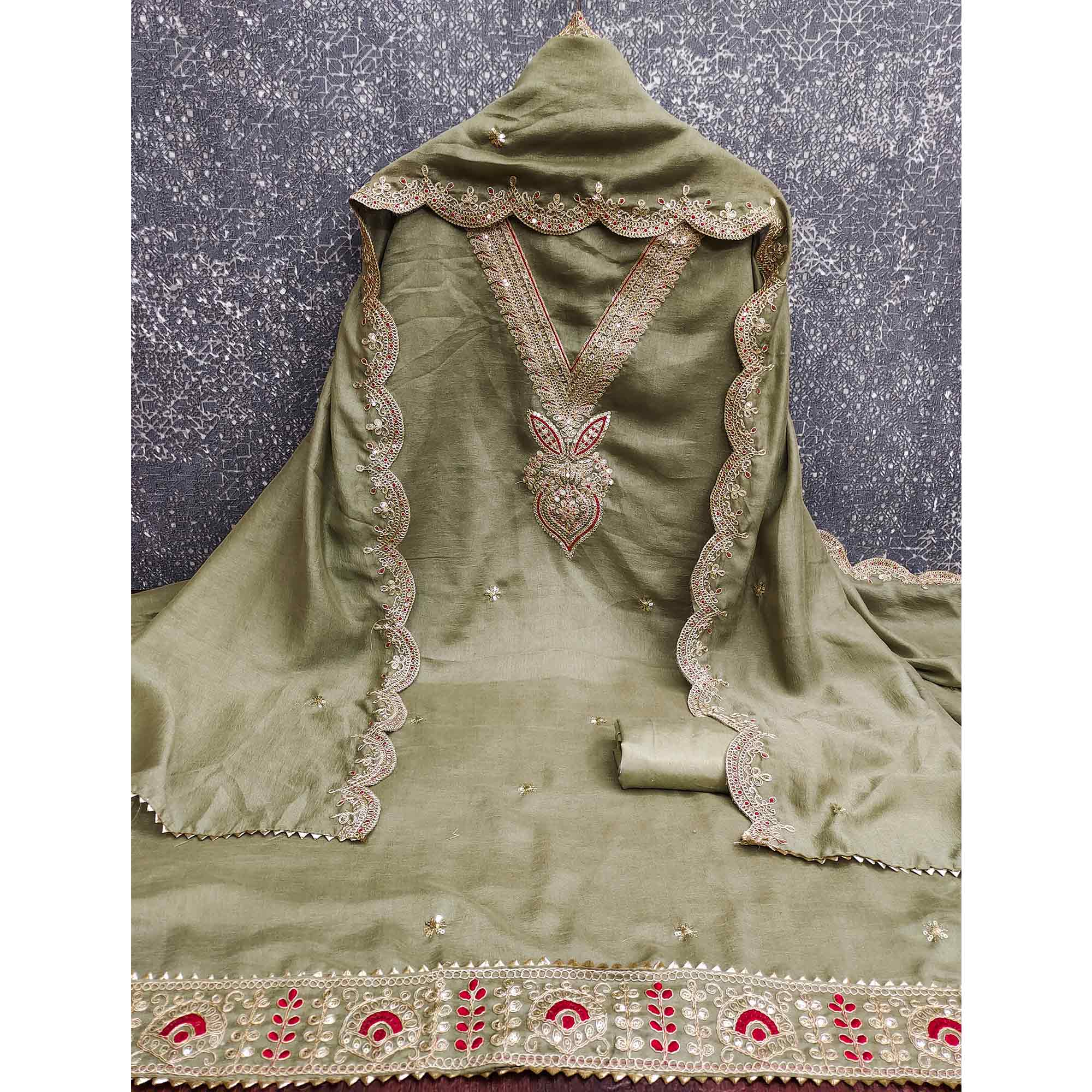 Green Floral Embroidered Vichitra Silk Dress Material Enhanced With Detailed Cording & Sequins Work