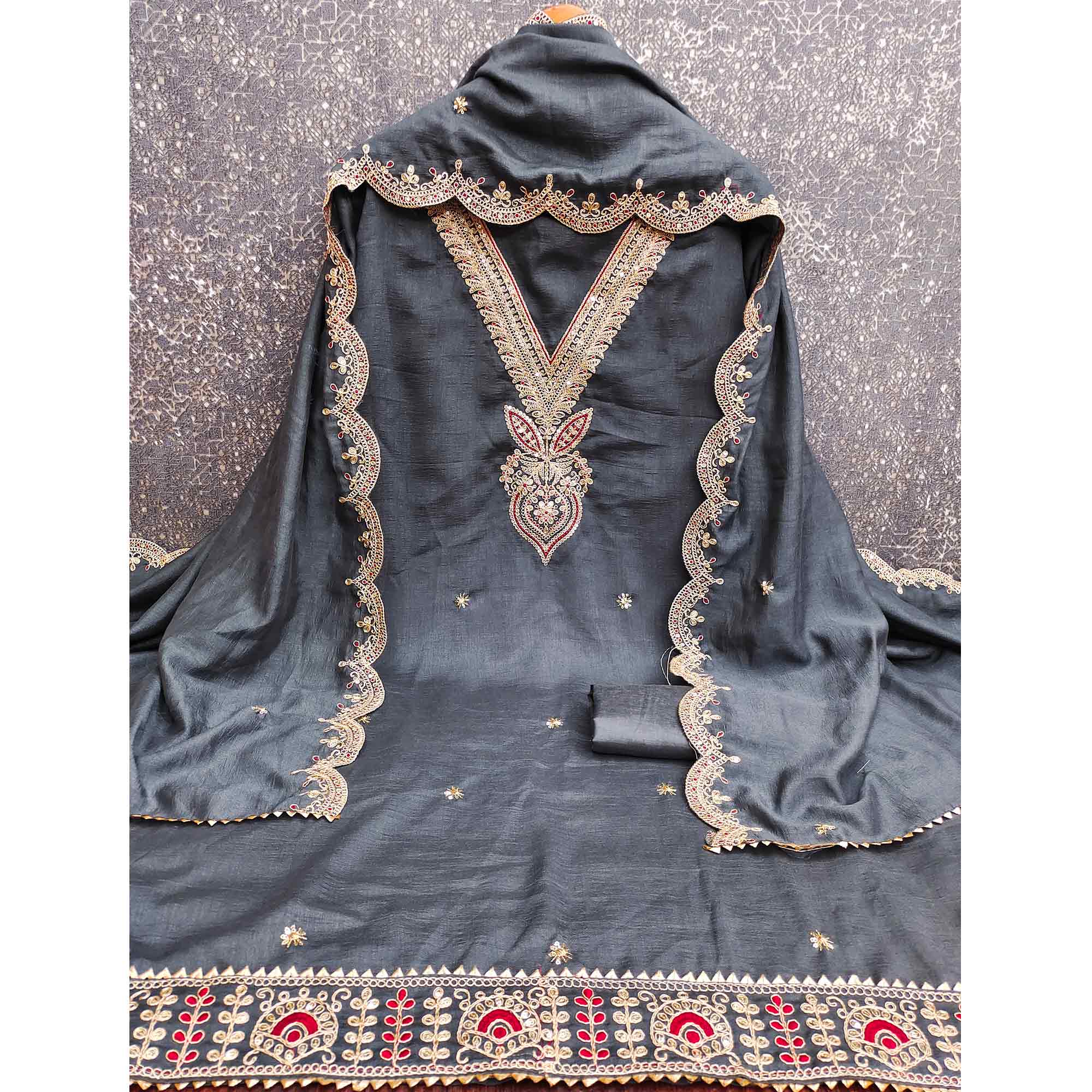 Grey Floral Embroidered Vichitra Silk Dress Material Enhanced With Detailed Cording & Sequins Work