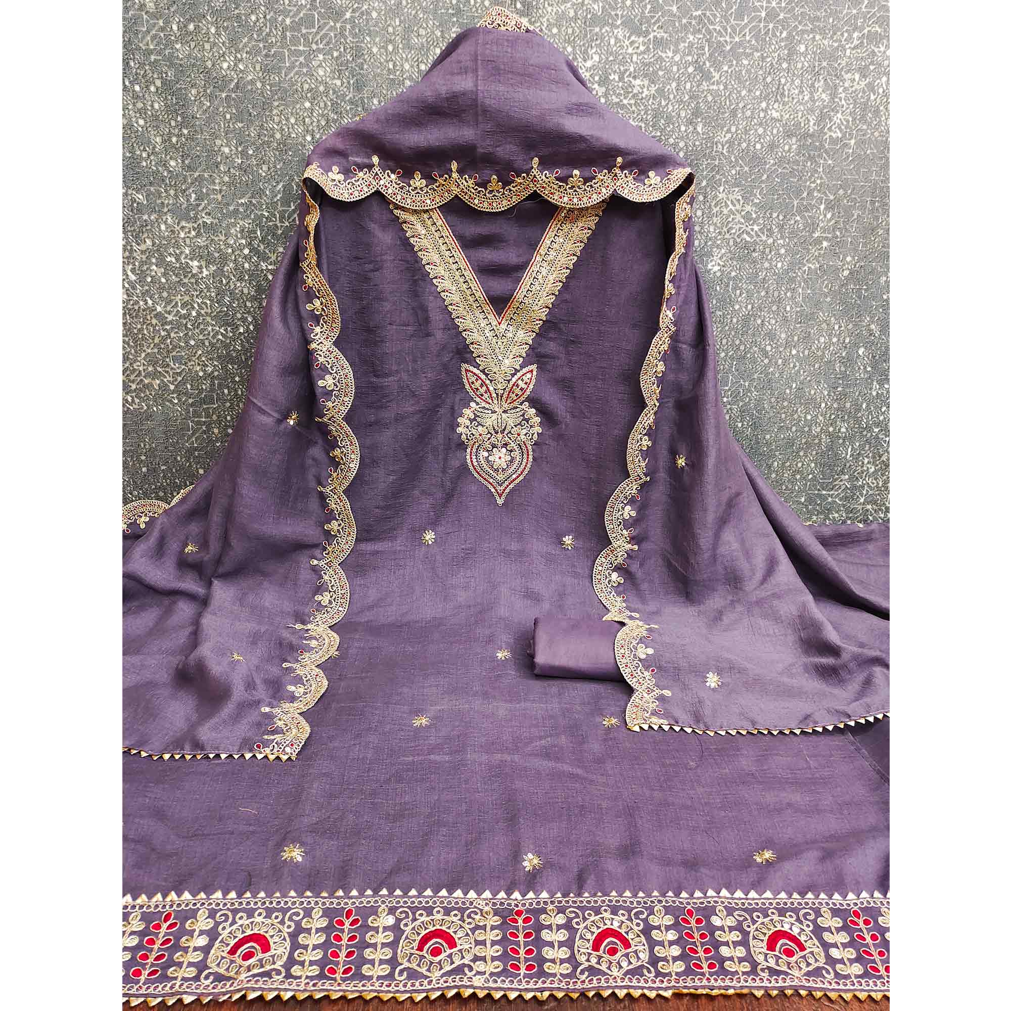 Purple Floral Embroidered Vichitra Silk Dress Material Enhanced With Detailed Cording & Sequins Work