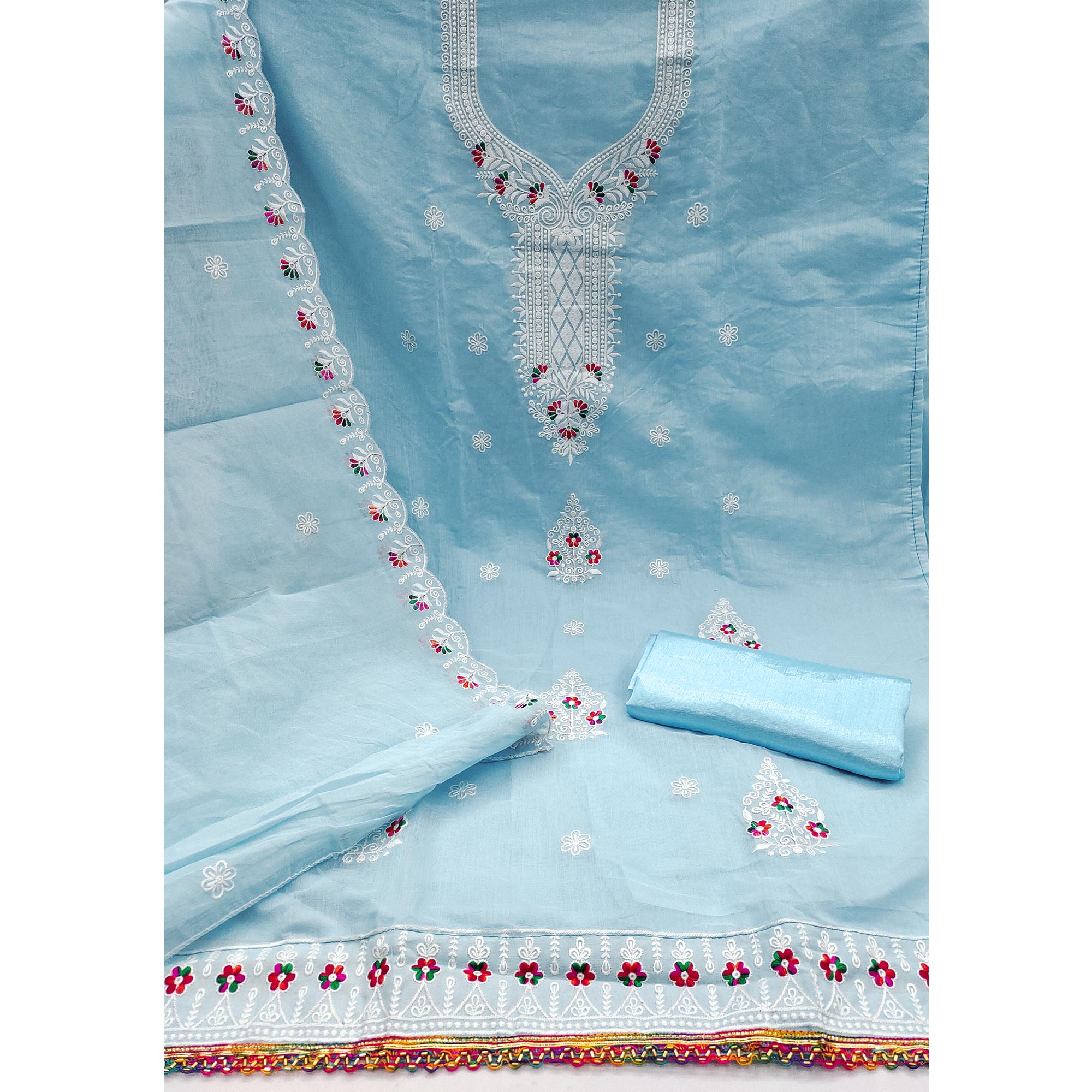 Sky Blue Cambric Cotton Dress Material With Elegant Floral Embroidery Work