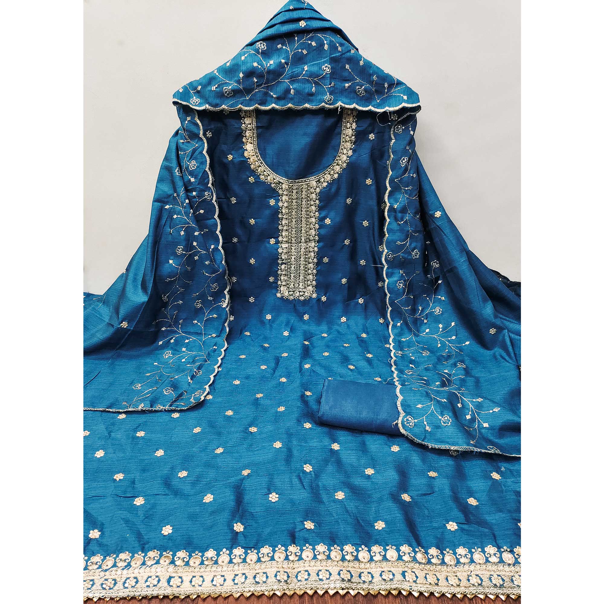 Blue Cotton Silk Unstitched Dress Material Featuring Delicate Jalpari Embroidery