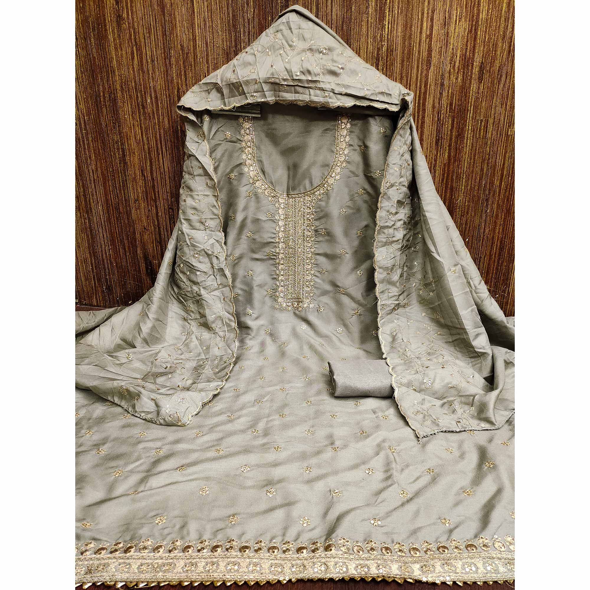 Grey Cotton Silk Unstitched Dress Material Featuring Delicate Jalpari Embroidery