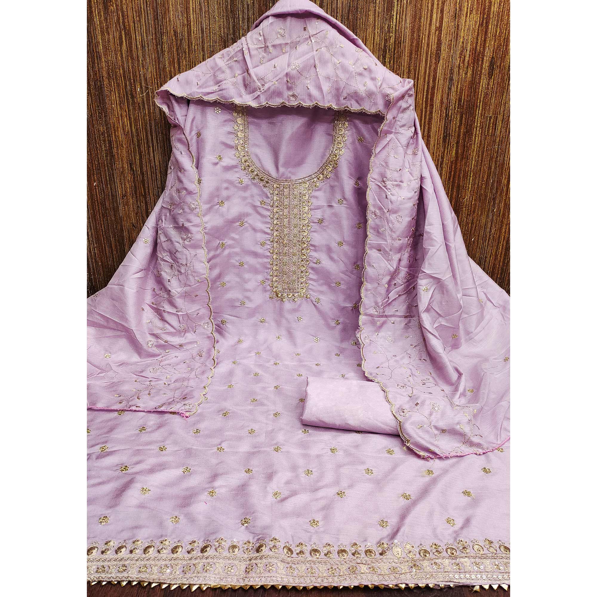 Lavender Cotton Silk Unstitched Dress Material Featuring Delicate Jalpari Embroidery