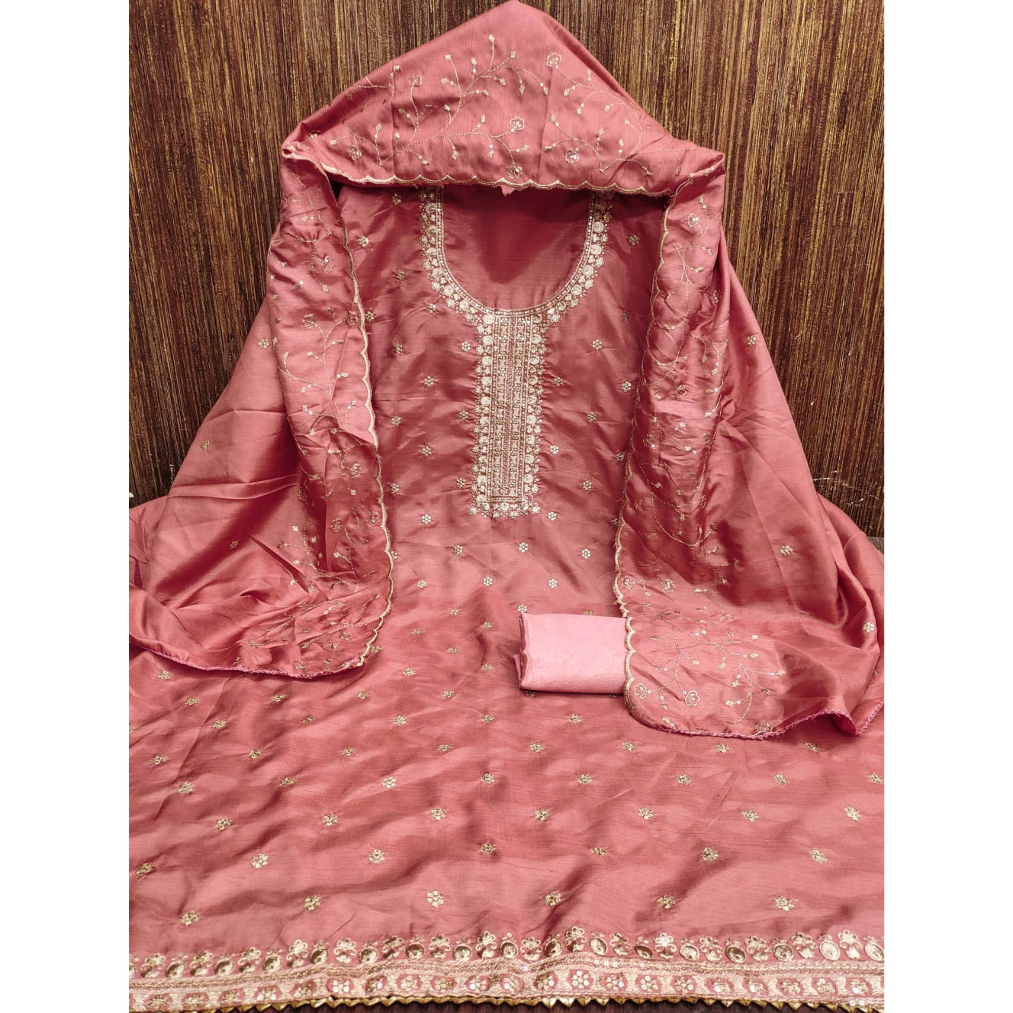 Soft Peach Cotton Silk Unstitched Dress Material Featuring Delicate Jalpari Embroidery