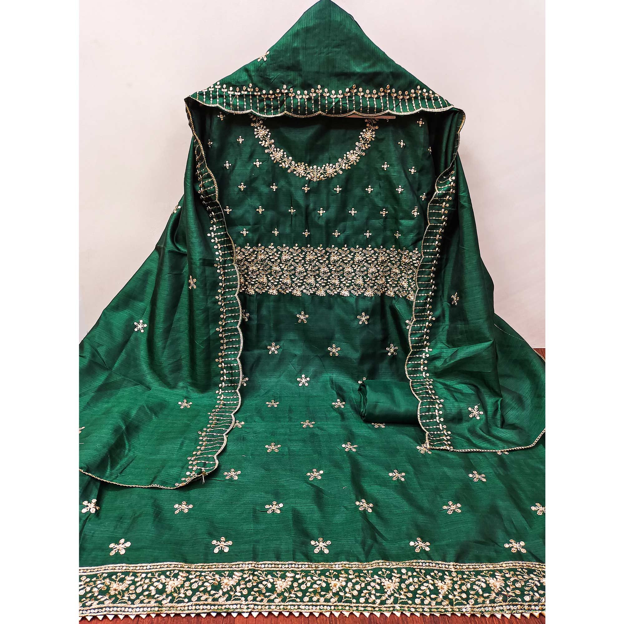 Green Cotton Silk Dress Material with Traditional Jalpari Embroidery