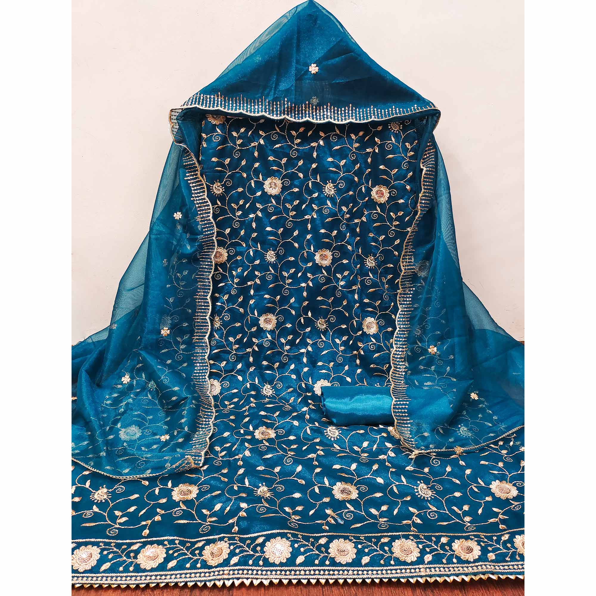 Teal Unstitched Suit Material with Fine Floral Embroidery on Sheer Twill Net