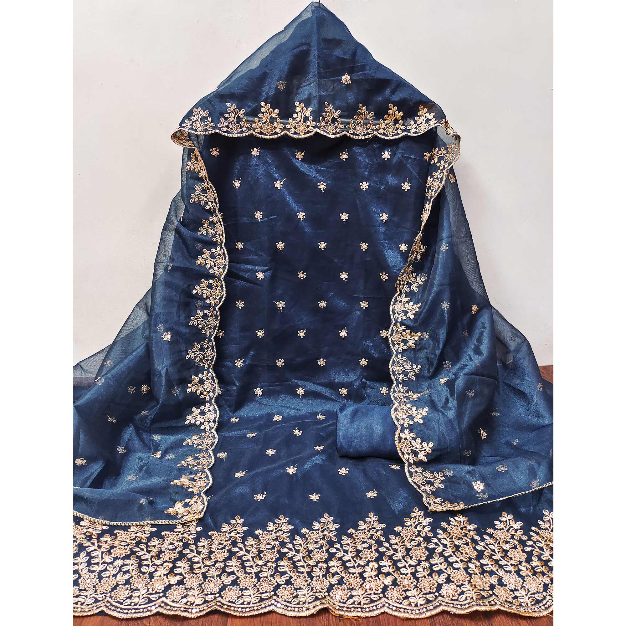 Blue Ethnic Twill Net Dress Material Embellished with Ornate Thread Embroidery
