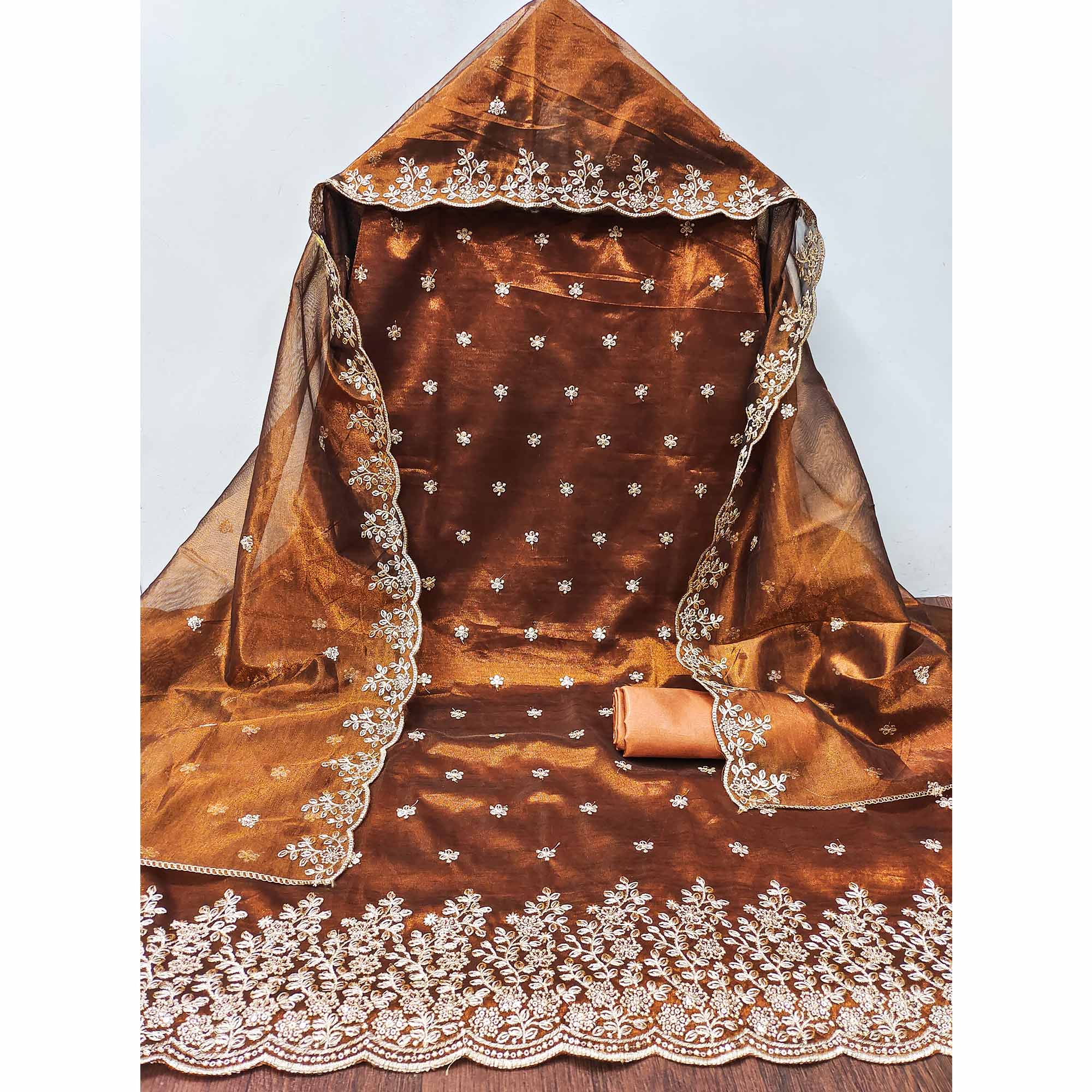 Brown Ethnic Twill Net Dress Material Embellished with Ornate Thread Embroidery