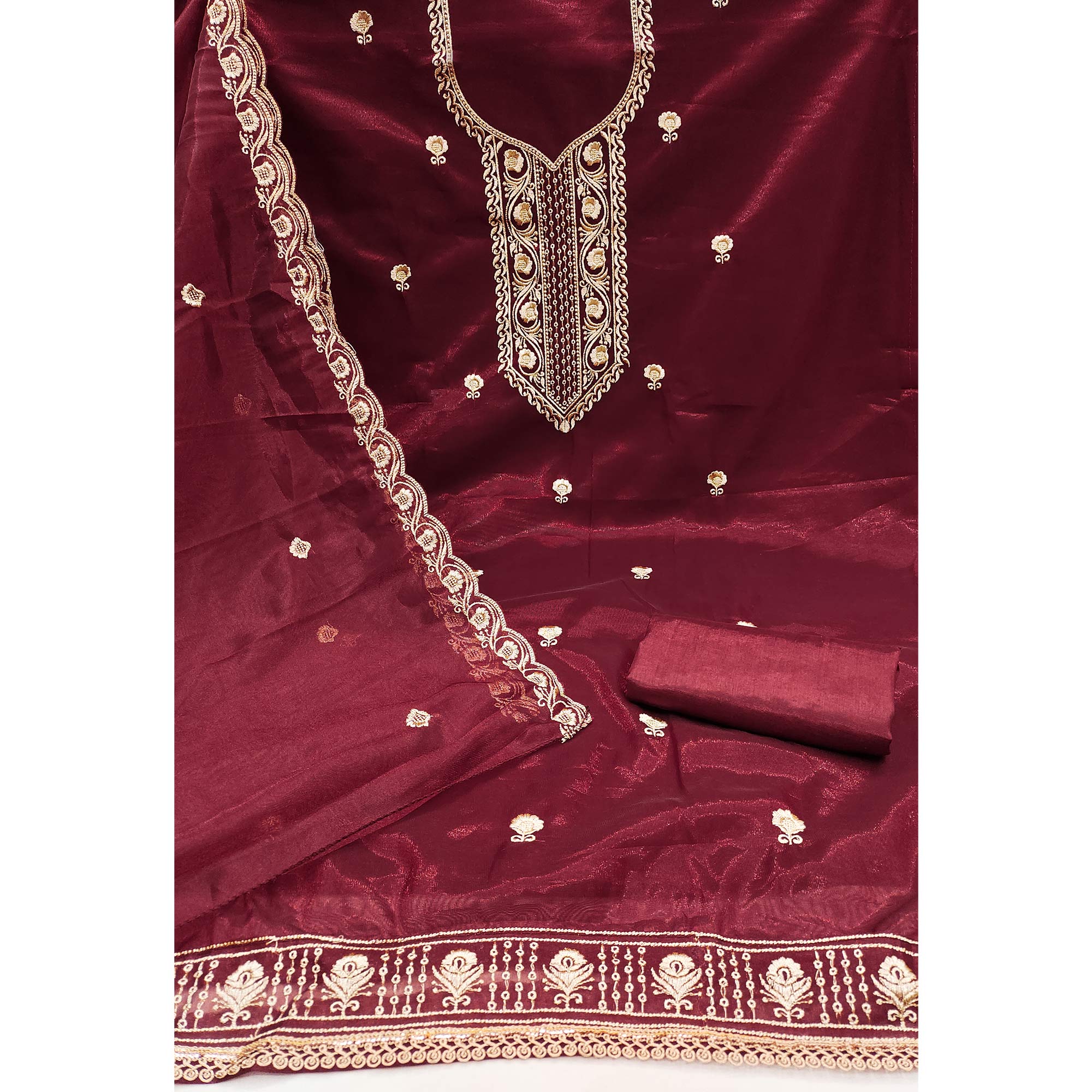 Maroon Delight Floral  Embroidered Twill Net Dress Material