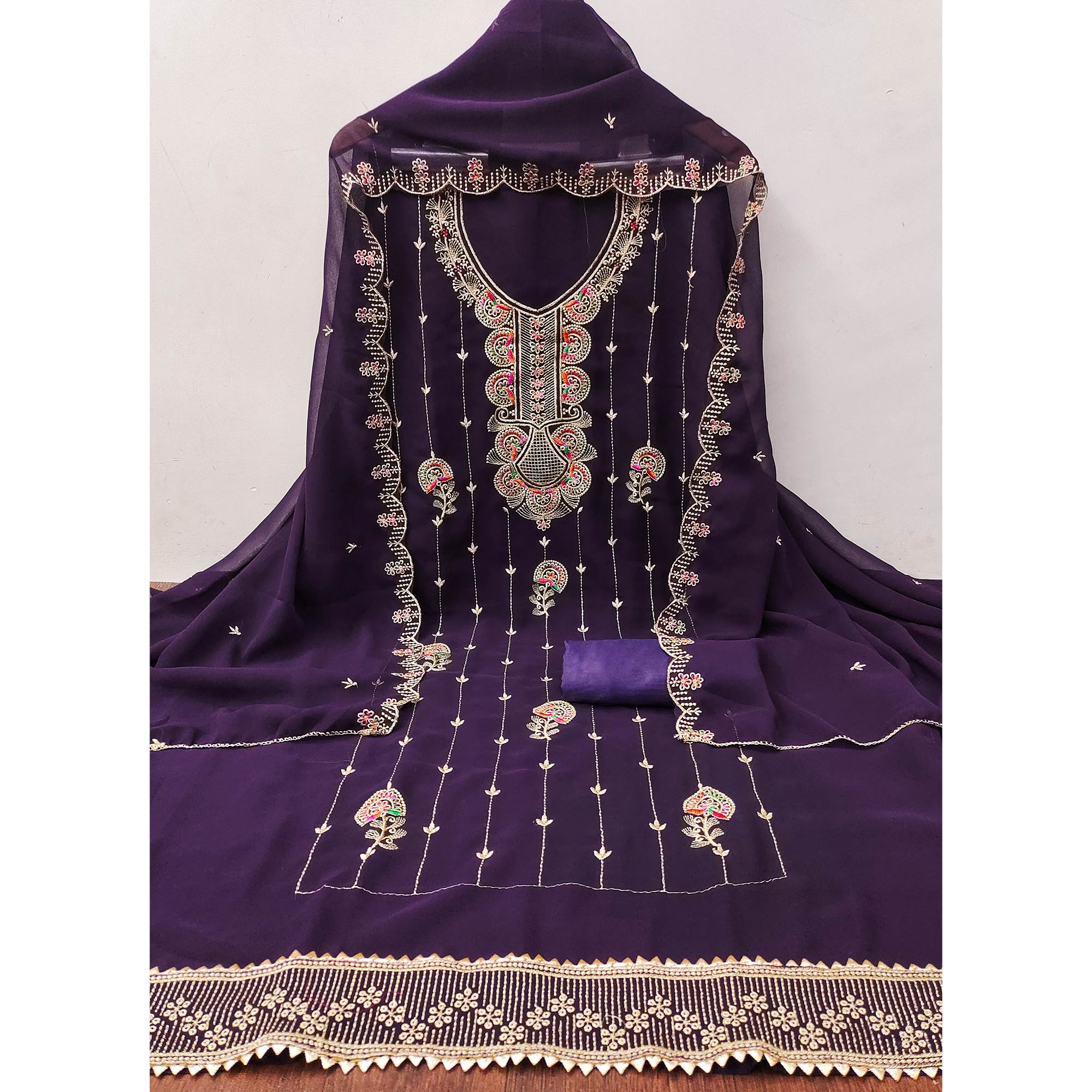 Deep Purple Floral Embroidered Unstitched Suit Fabric in Flowing Georgette