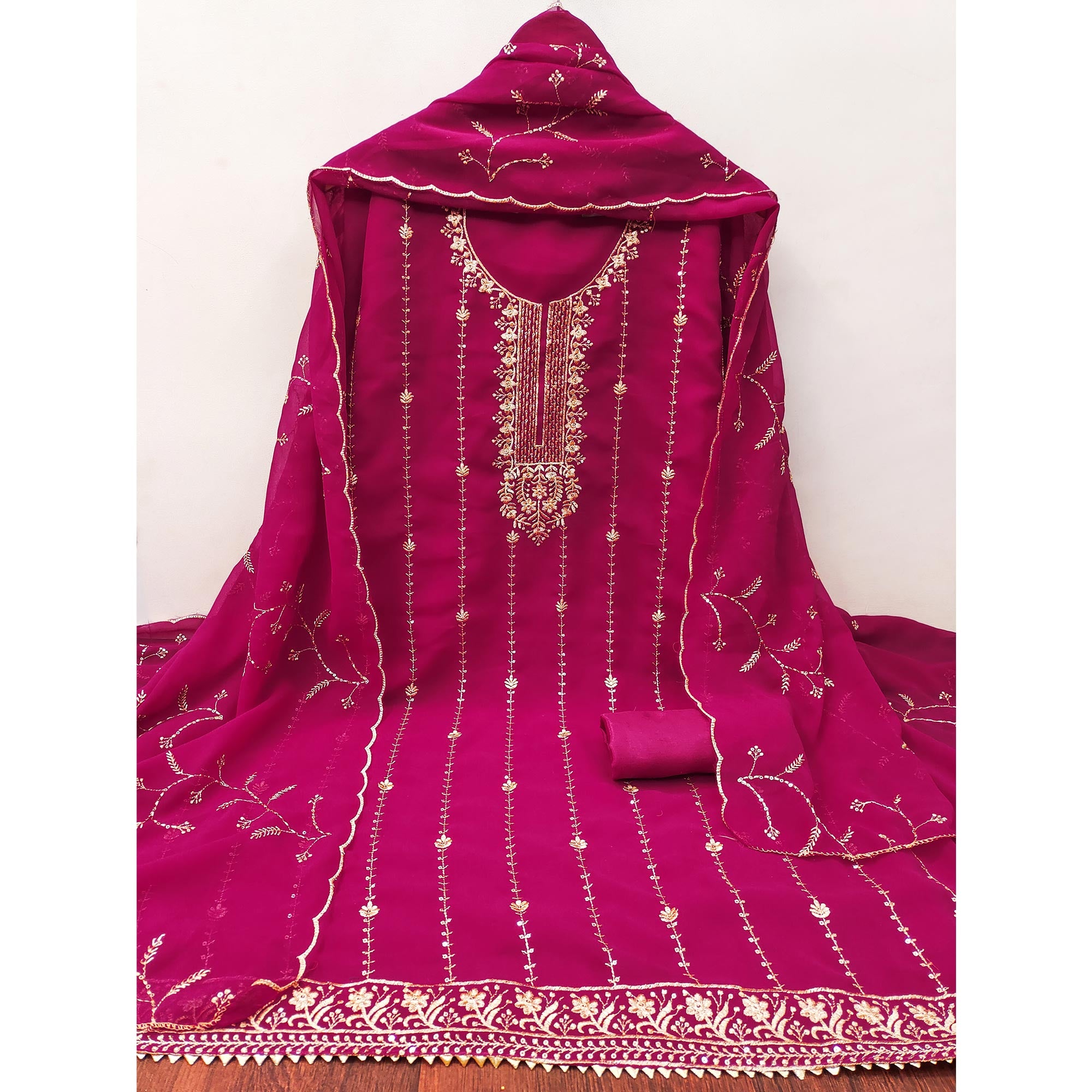 Pink Georgette Unstitched Dress Material Adorned with Ornate Thread Embroidery