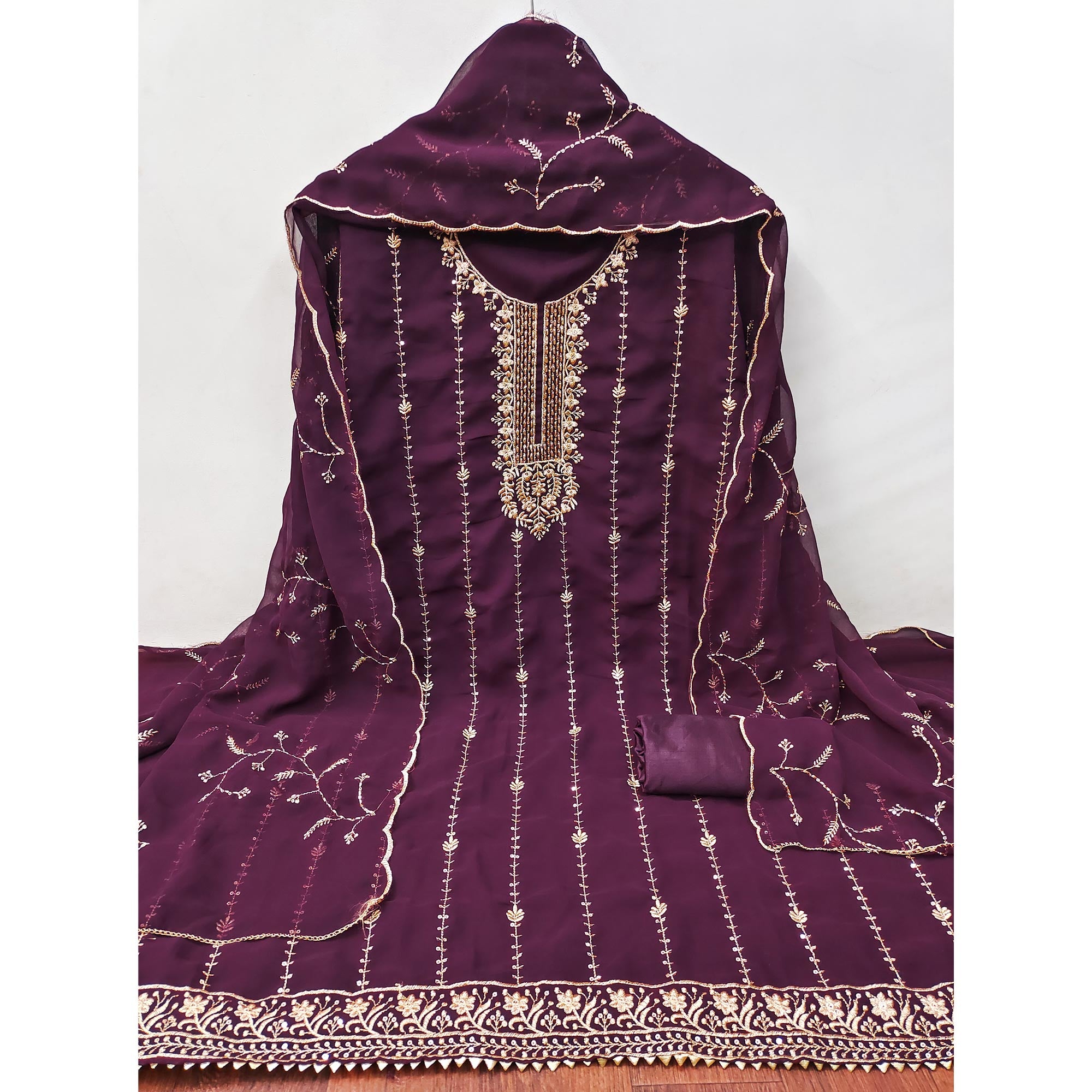 Wine Georgette Unstitched Dress Material Adorned with Ornate Thread Embroidery