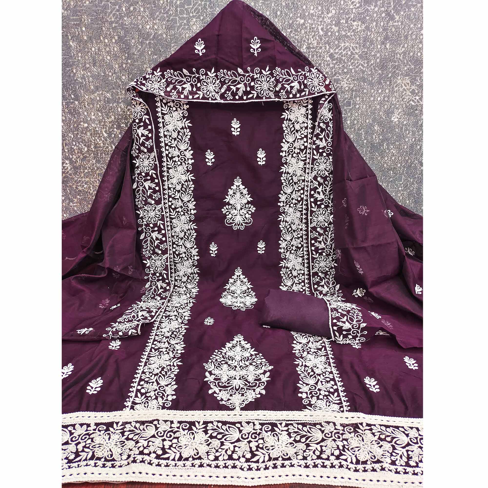 Wine Chanderi Cotton Dress Material With Graceful Floral Thread Embroidery