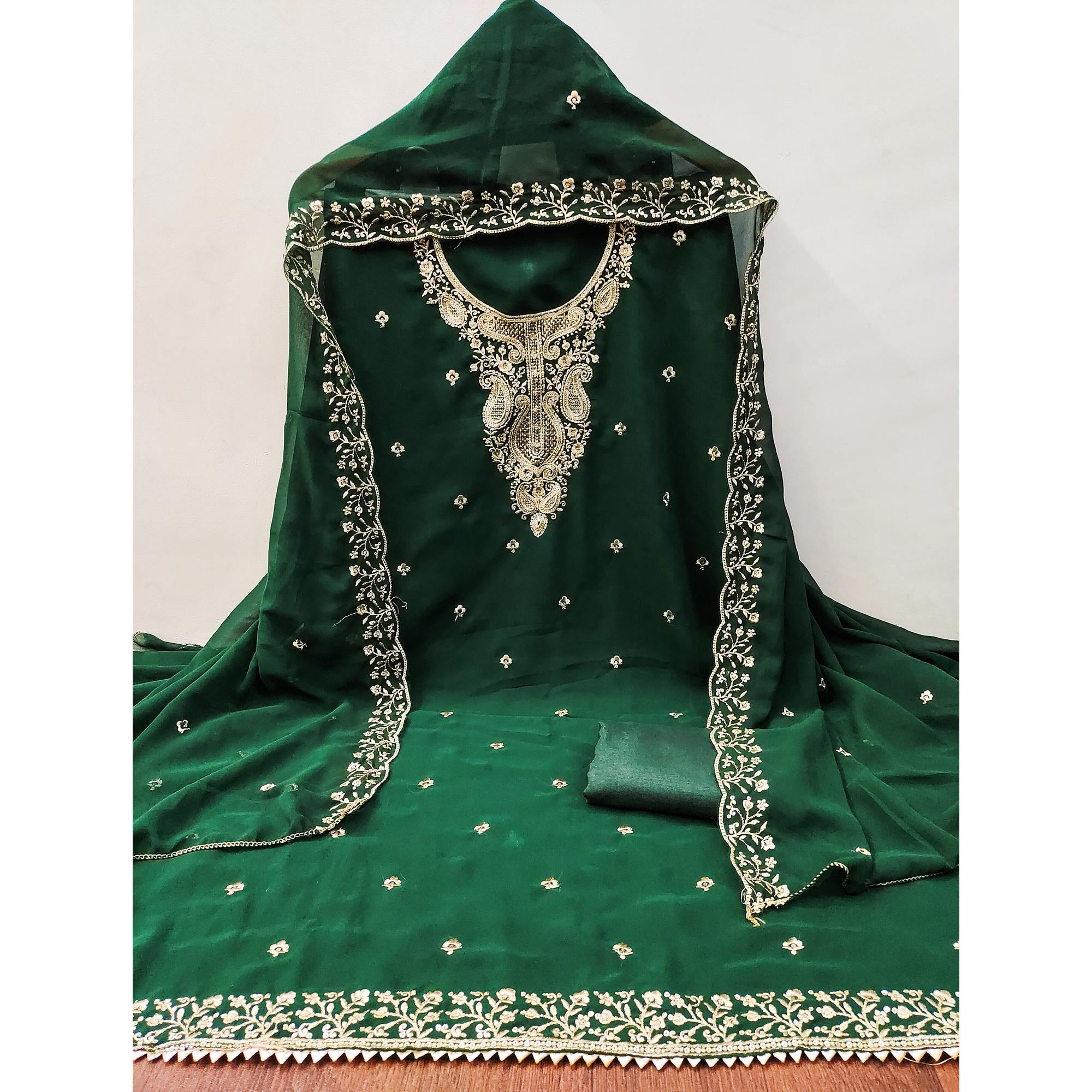 Green Georgette Dress Material Accentuated With Delicate Floral Embroidery & Sequins Work