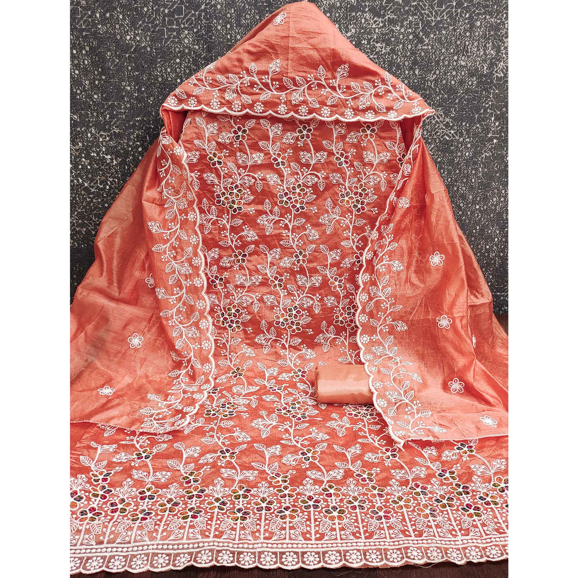 Orange Chanderi Cotton Dress Material Adorned With Elegant Floral Thread Embroidery Work
