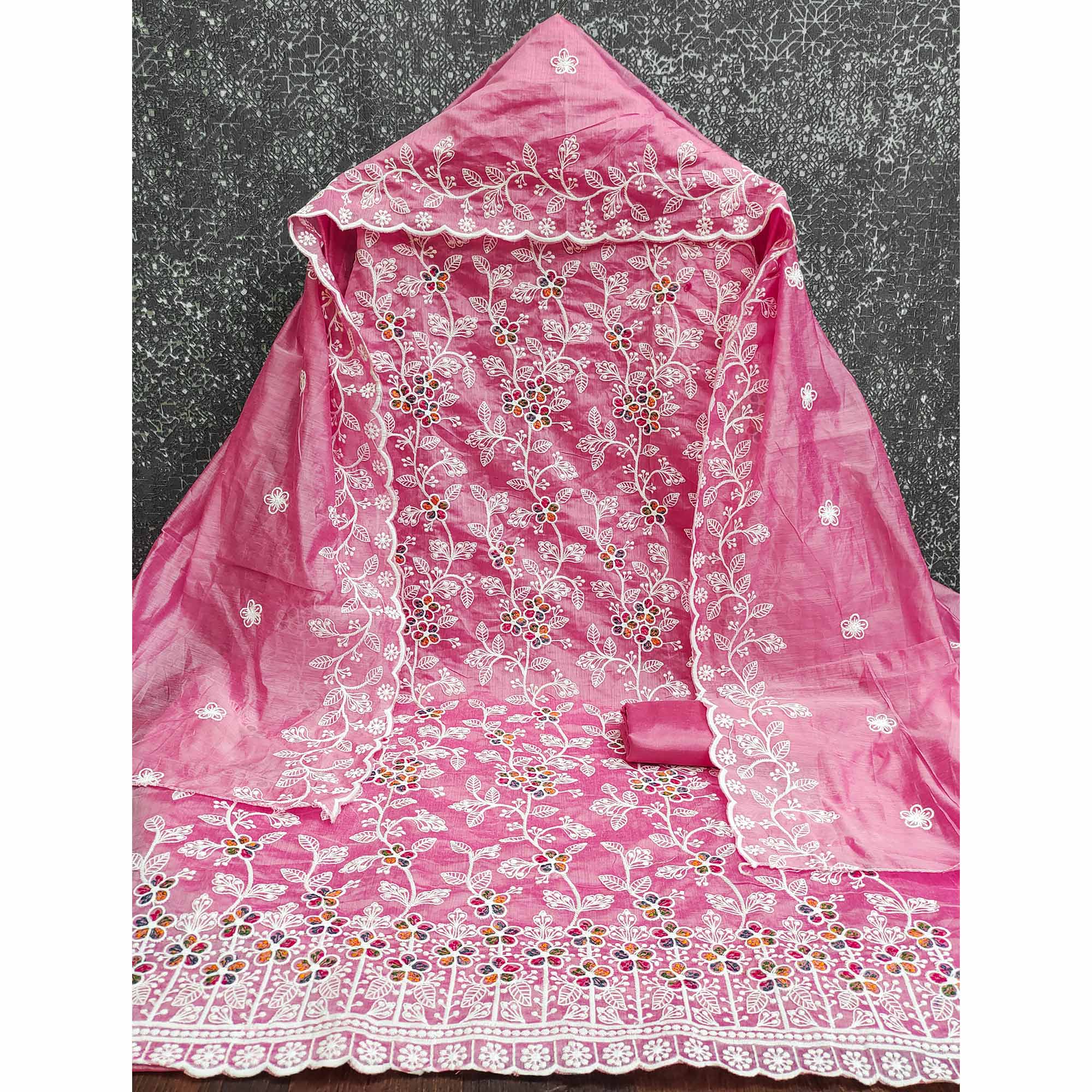 Pink Chanderi Cotton Dress Material Adorned With Elegant Floral Thread Embroidery Work