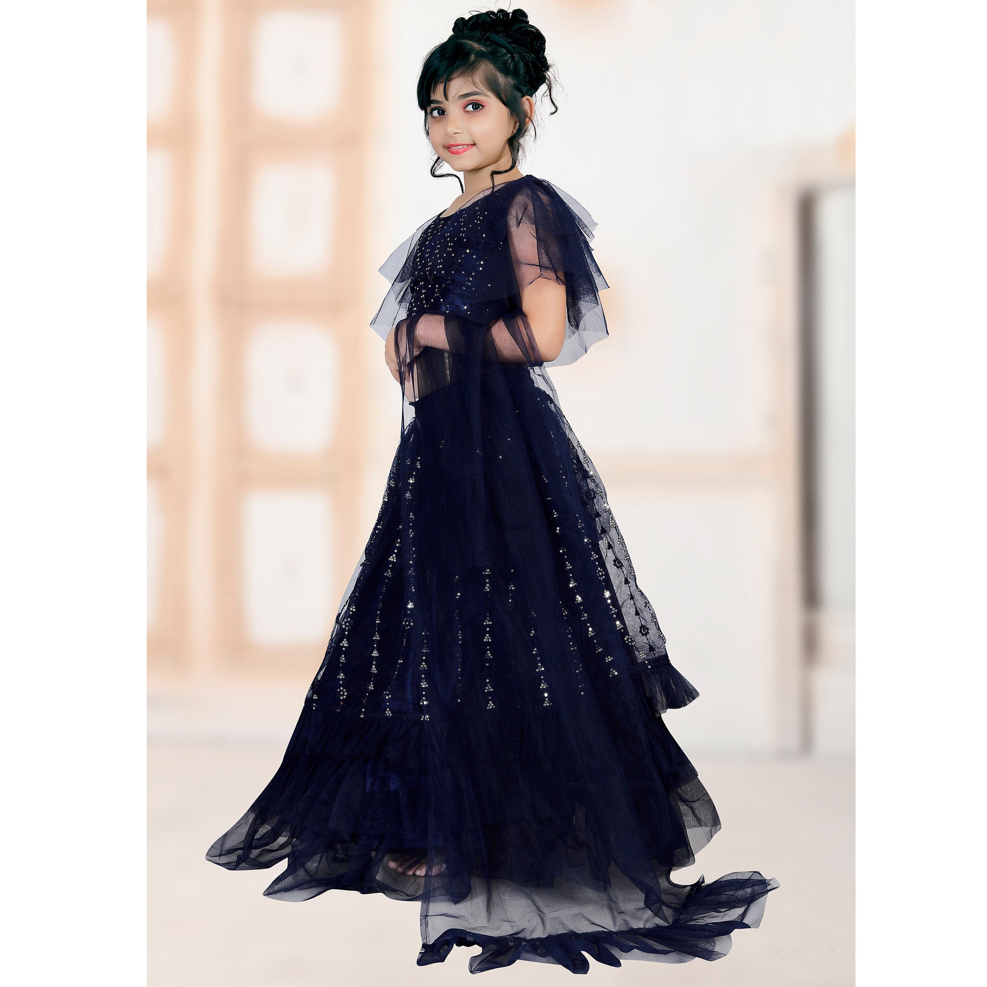 Navy Blue Embroidered Net Lehenga Choli For Kids