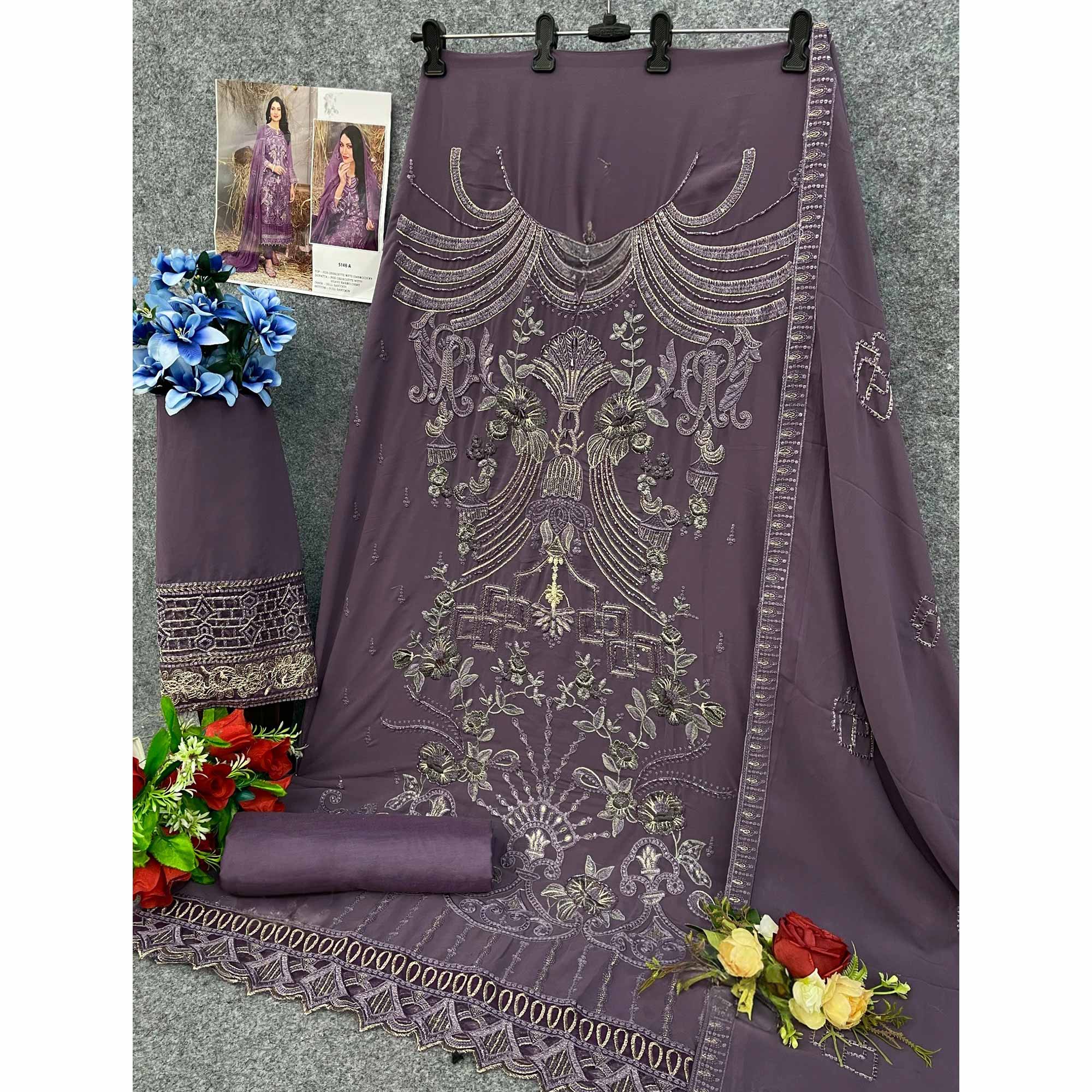 Dusty Purple Floral Embroidered Heavy Georgette Dress Material