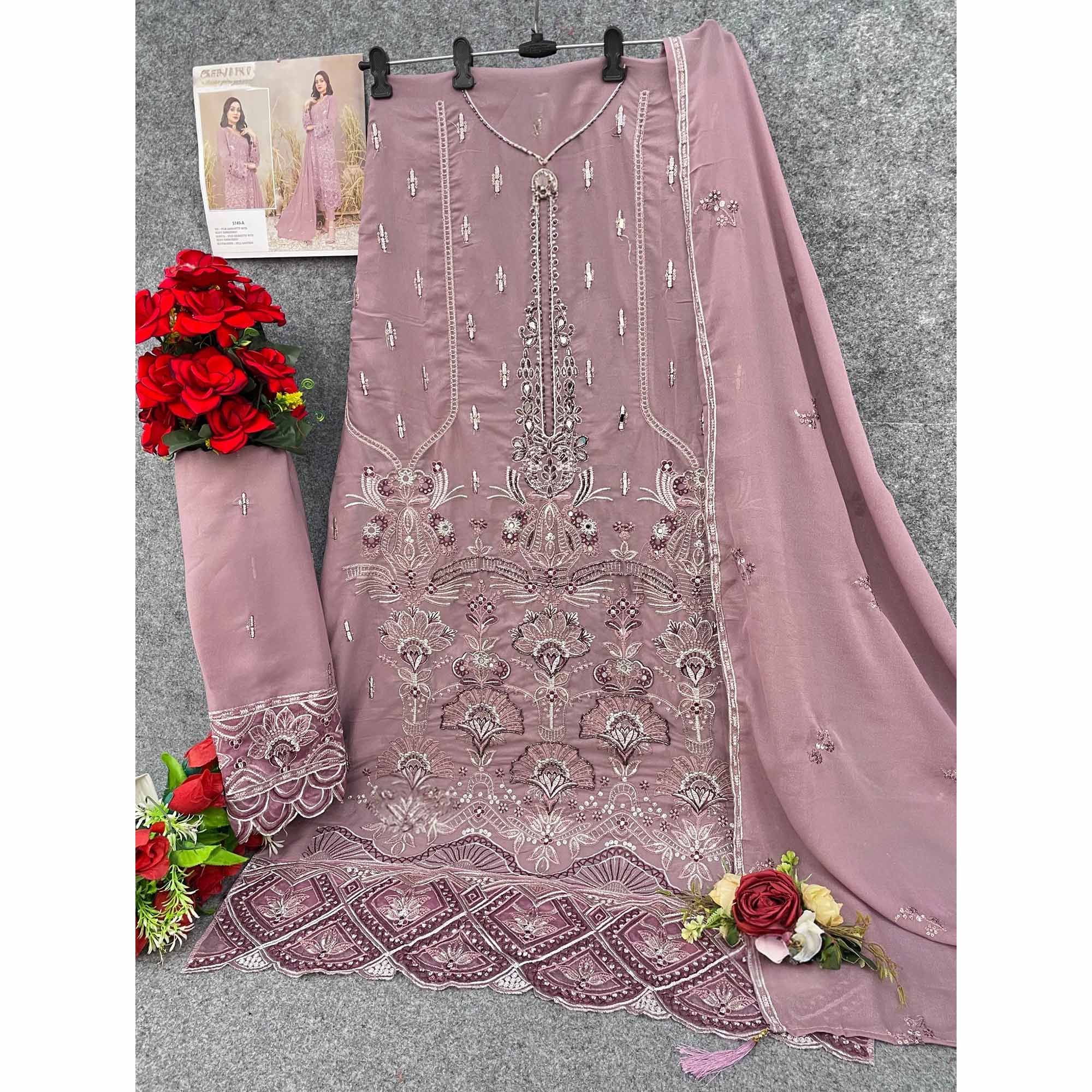 Dusty Pink Floral Embroidered Heavy Georgette Dress Material