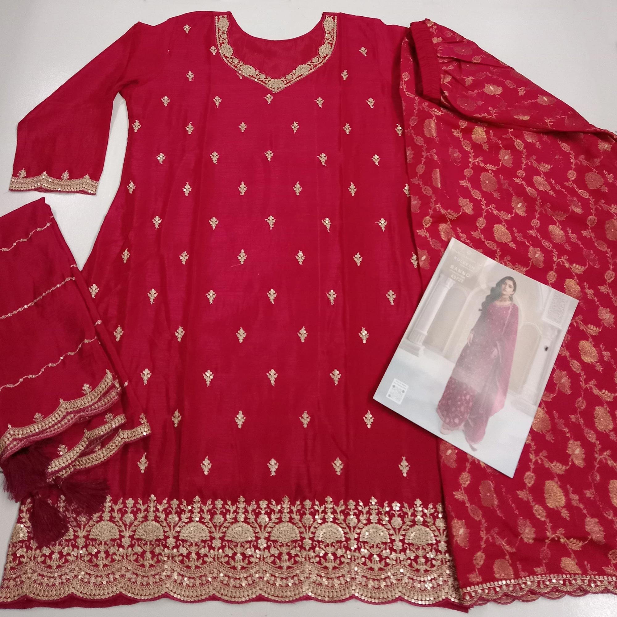 Red Floral Sequins Embroidered Chinon Palazzo Suit