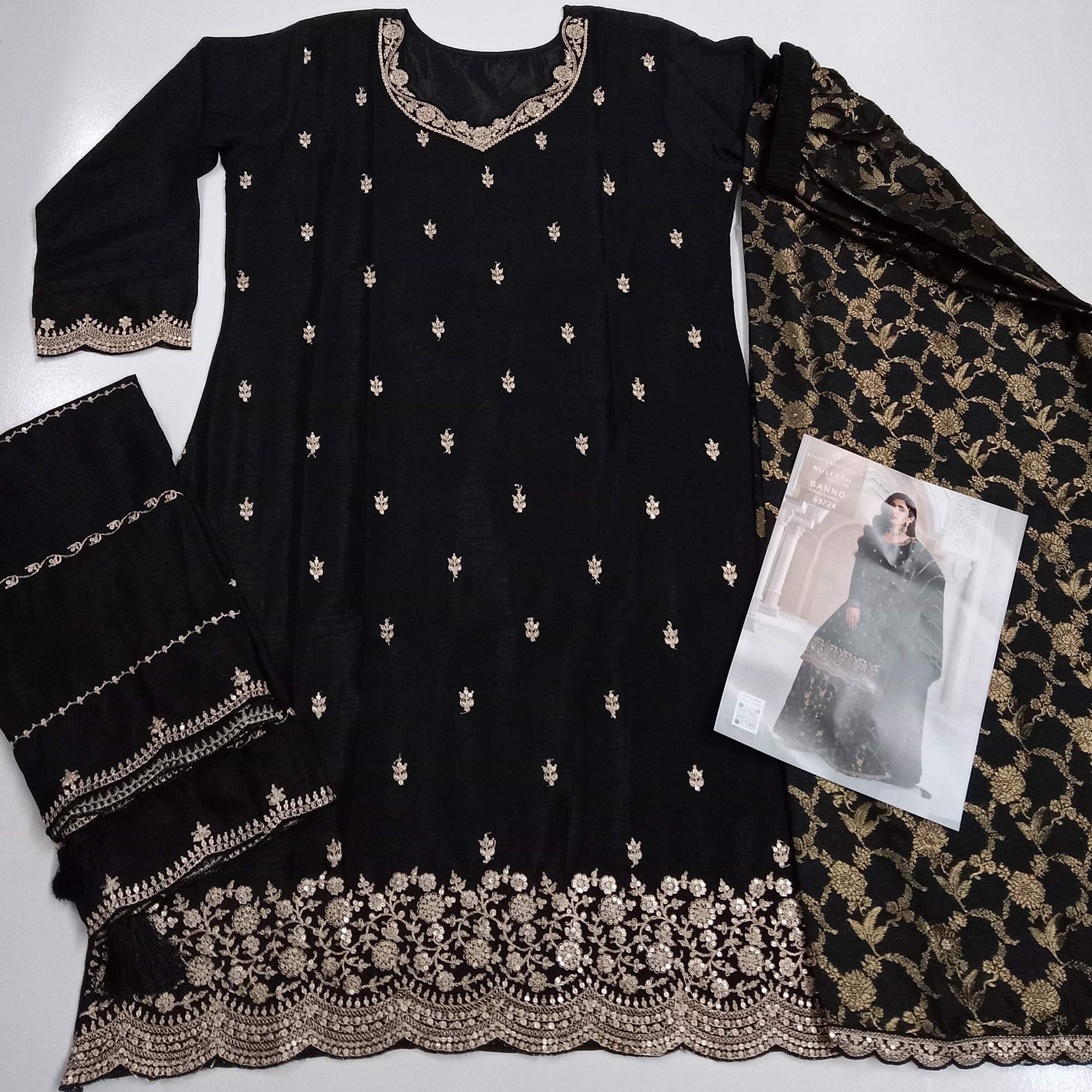 Black Floral Sequins Embroidered Chinon Palazzo Suit