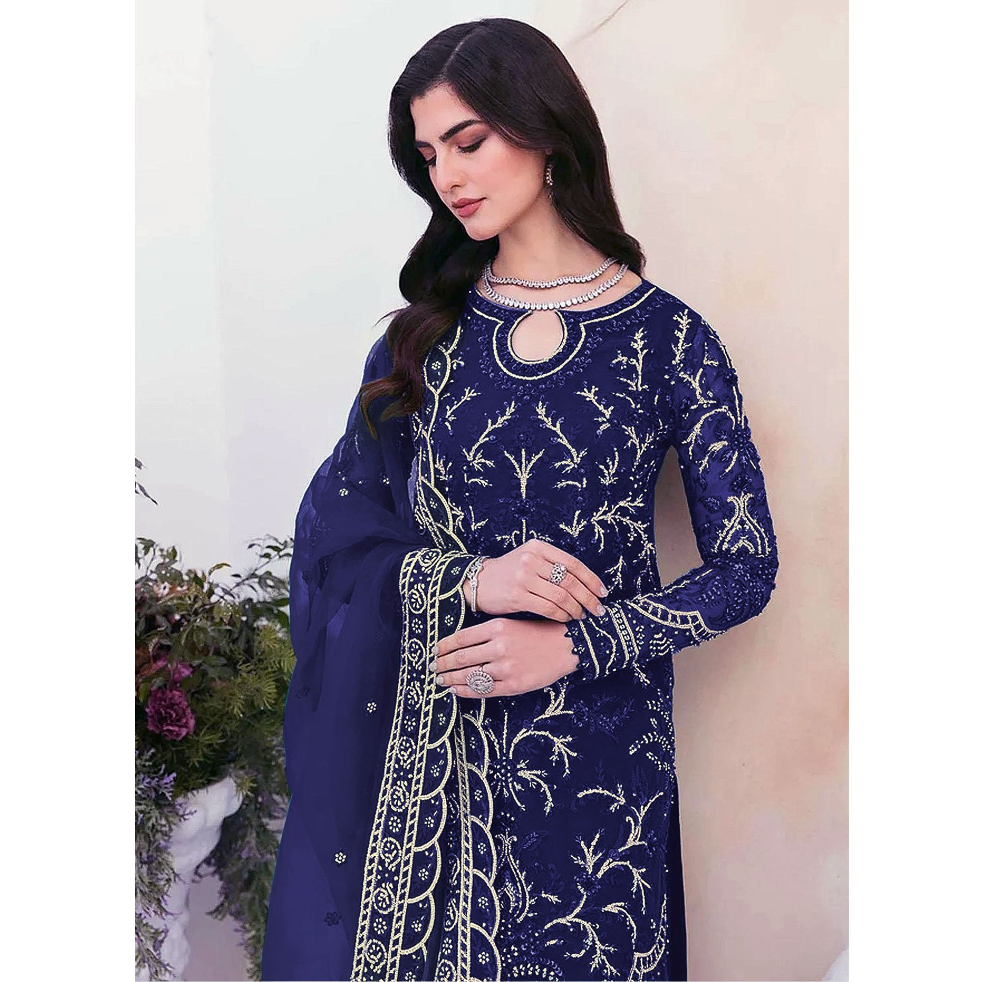 Navy Blue Sequins Embroidered Georgette Pakistani Suit