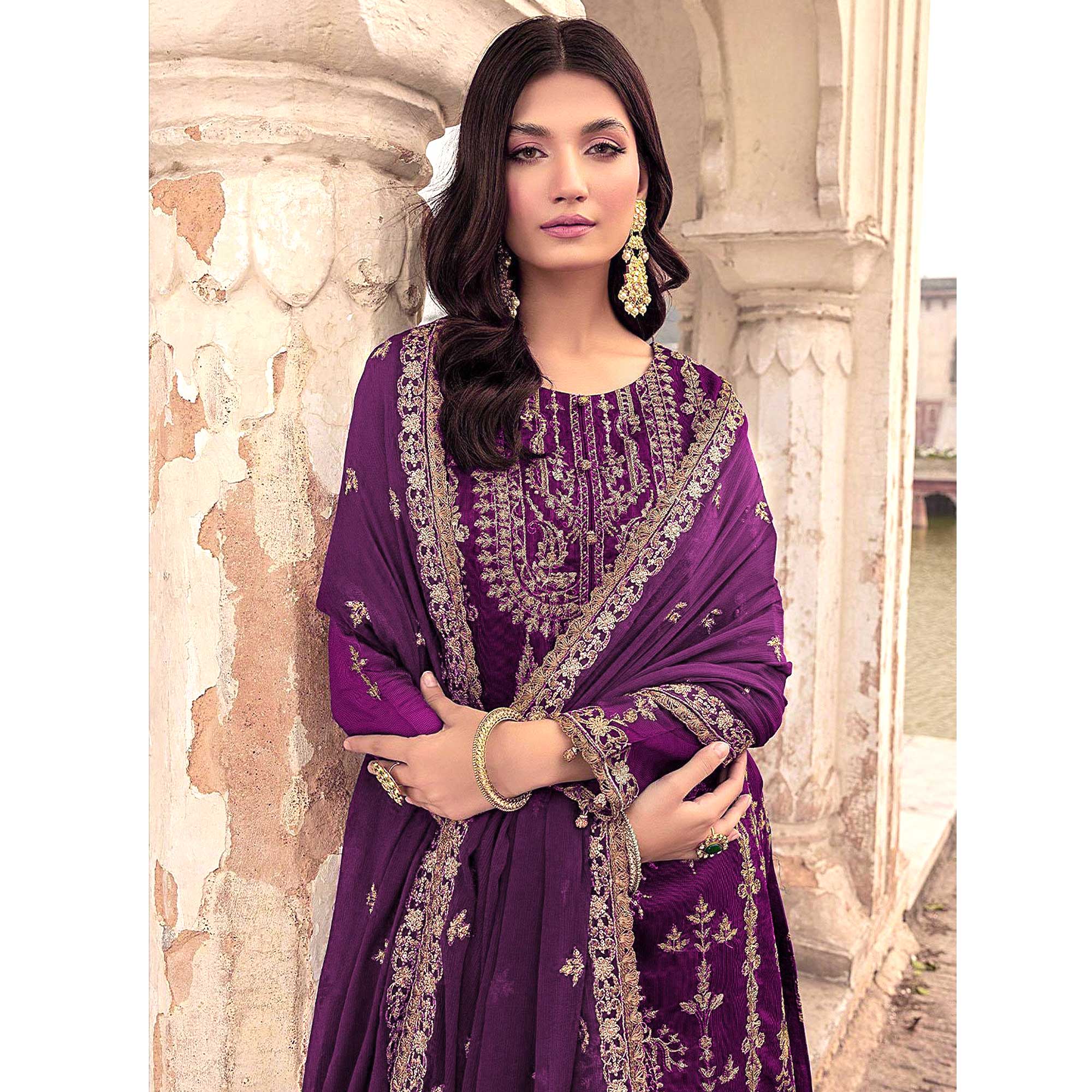 Purple Floral Sequins Embroidered Georgette Semi Stitched Suit