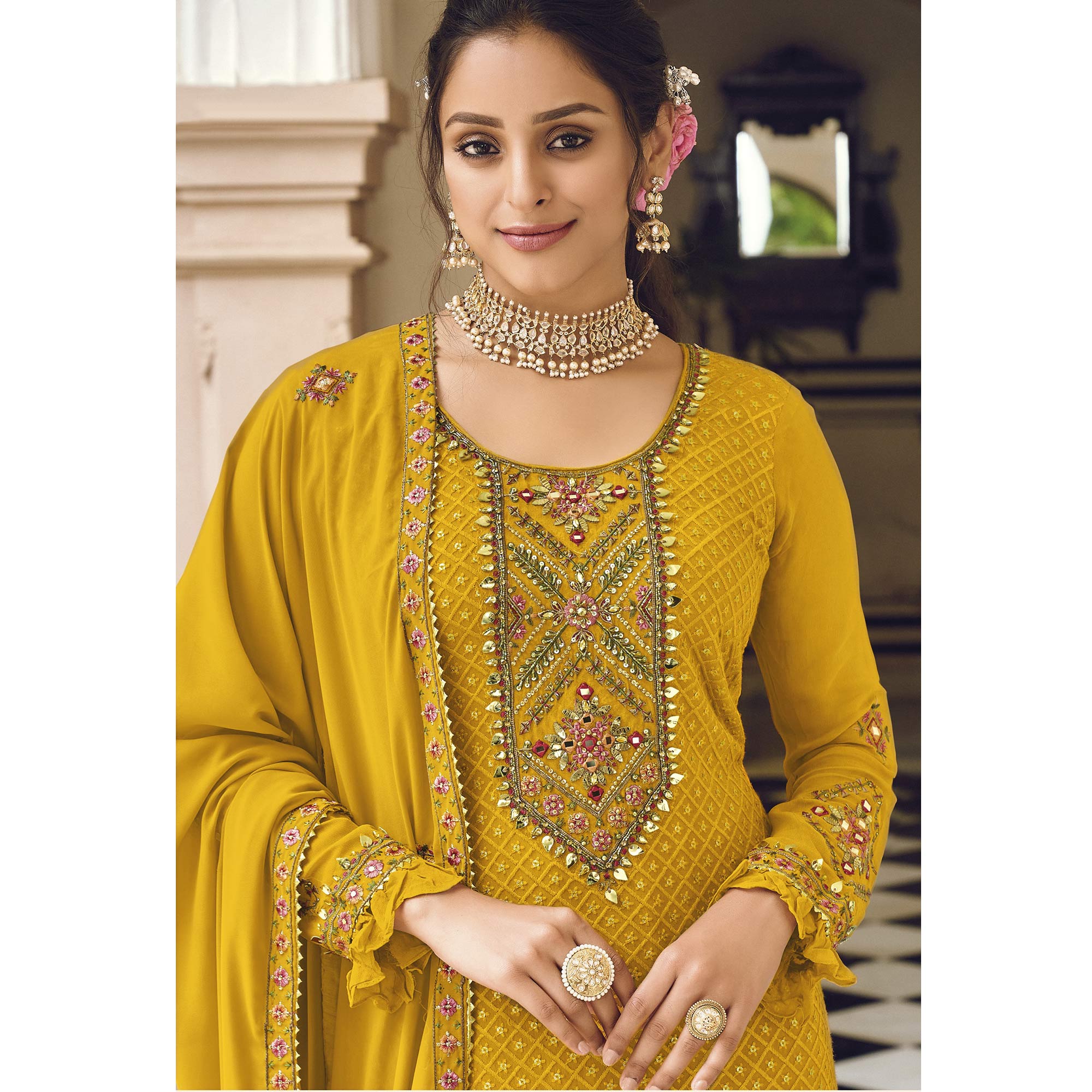 Mustard Sequins Embroidered Georgette Semi Stitched Salwar Suit