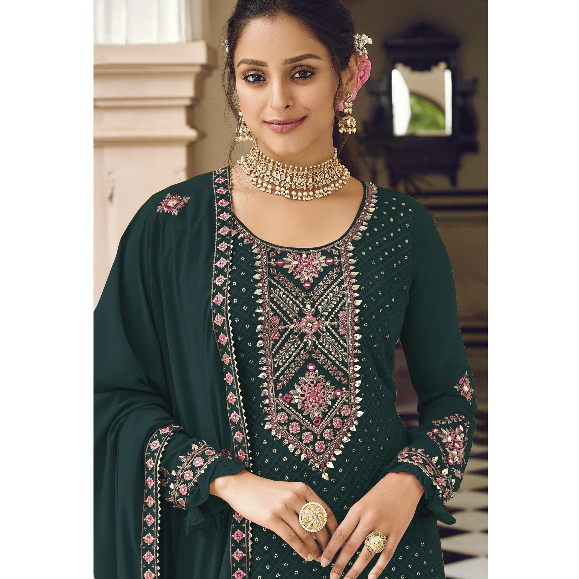 Dark Green Sequins Embroidered Georgette Semi Stitched Salwar Suit