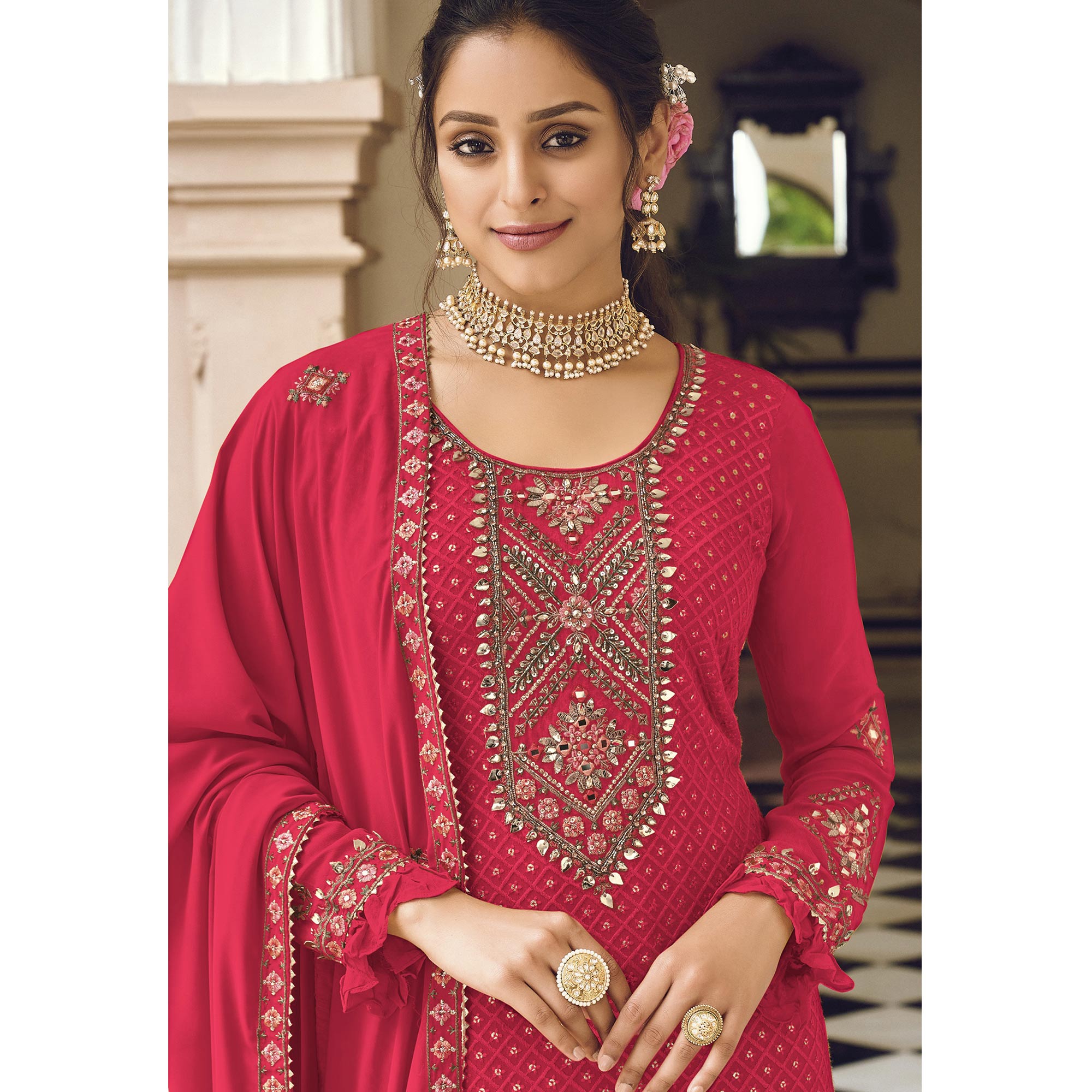 Pink Sequins Embroidered Georgette Semi Stitched Salwar Suit