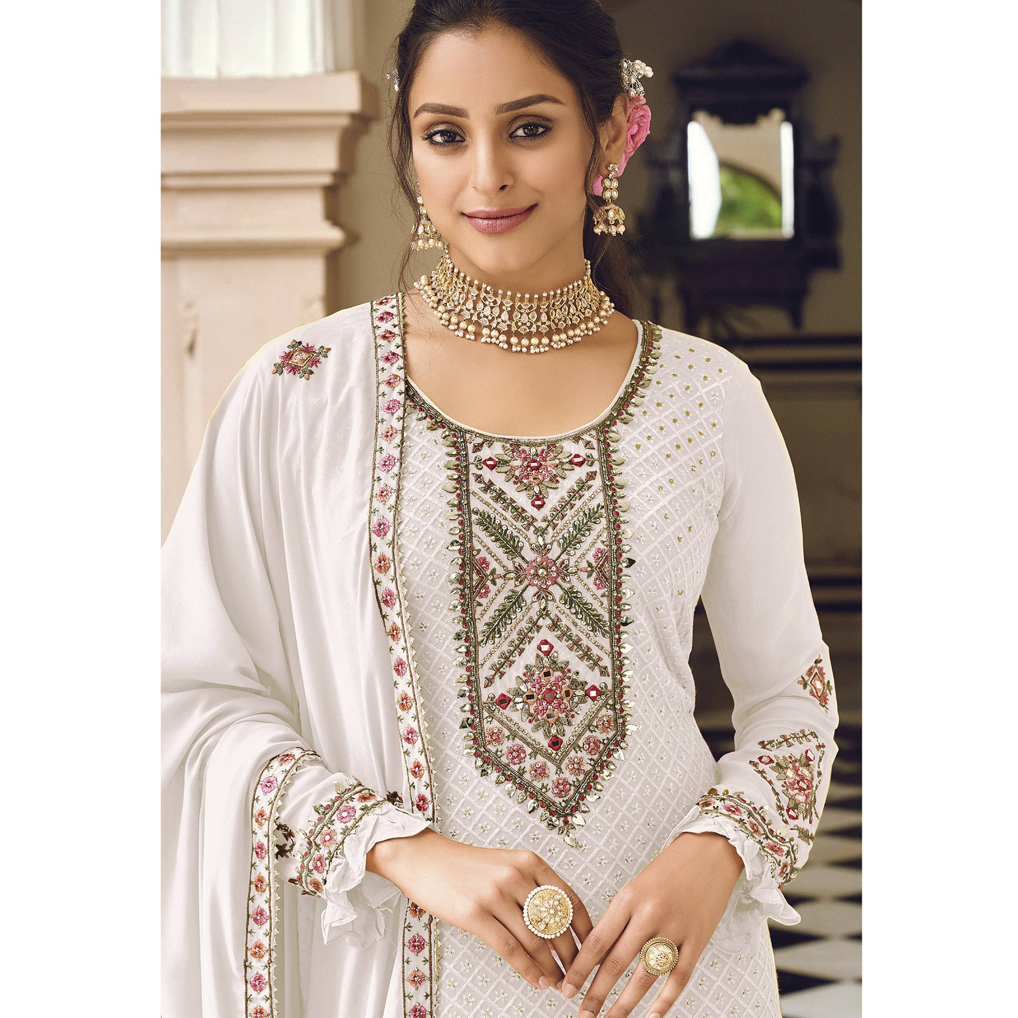 White Sequins Embroidered Georgette Semi Stitched Salwar Suit