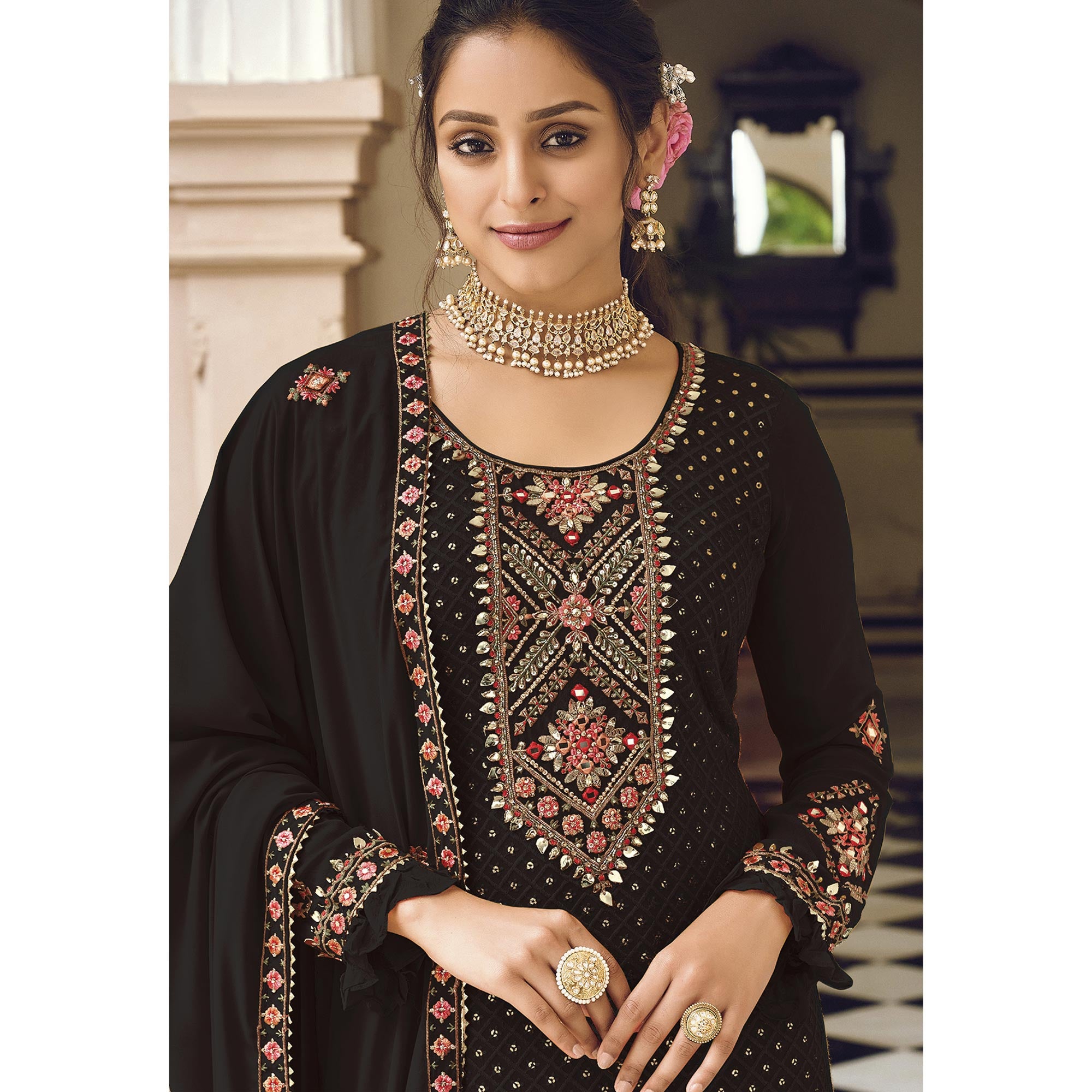 Black Sequins Embroidered Georgette Semi Stitched Salwar Suit