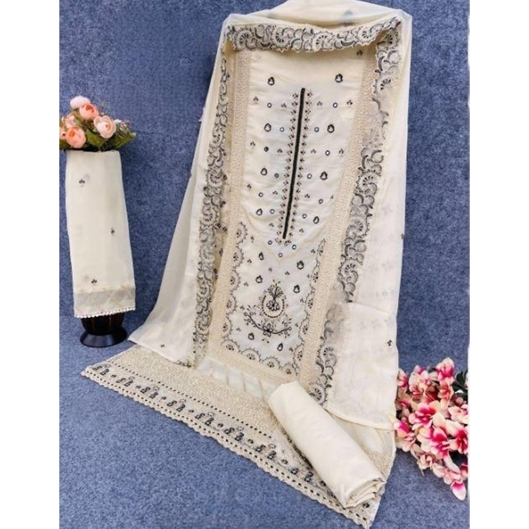 Cream Heavy Embroidered Work Georgette Dress Material