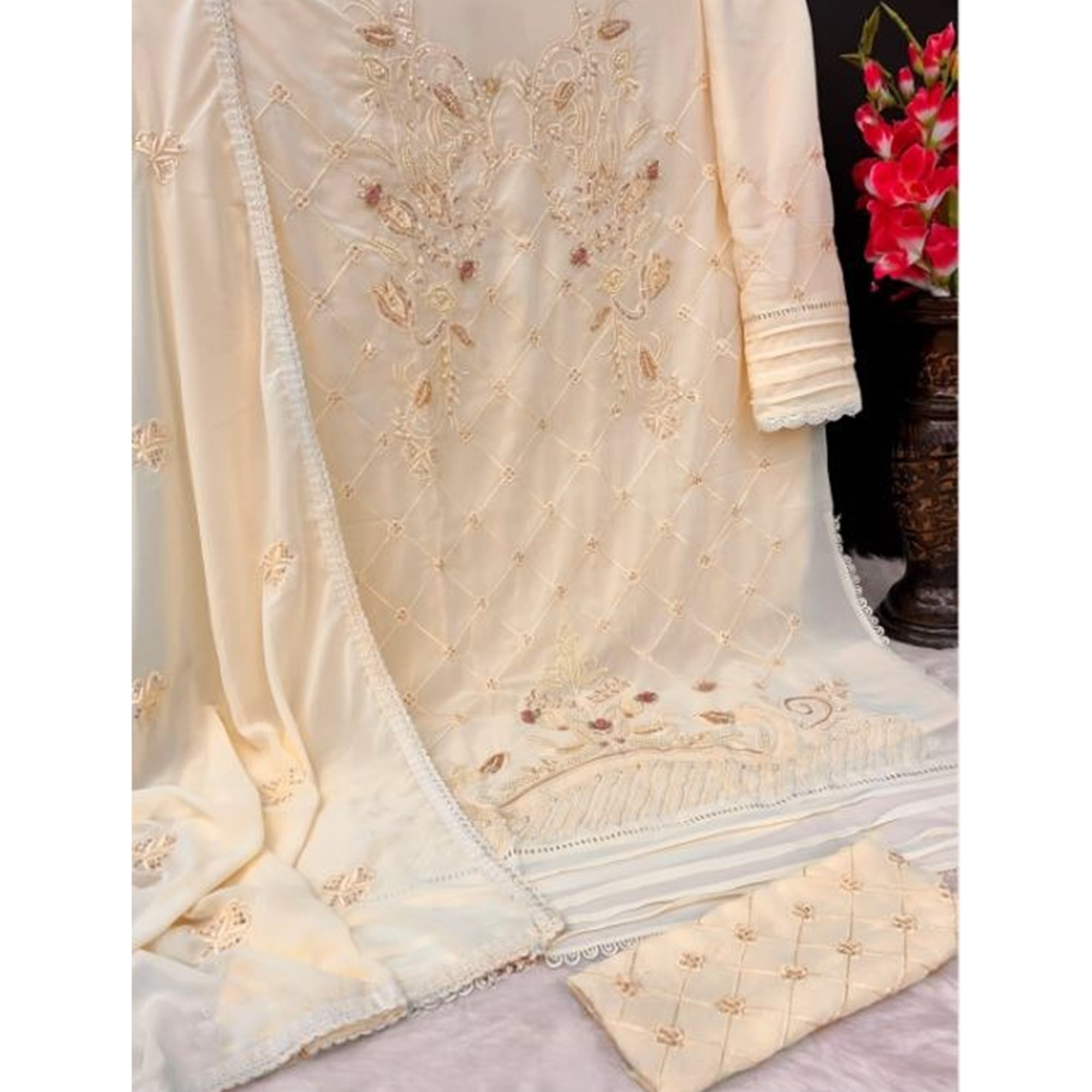Cream Heavy Embroidered Work Georgette Dress Material