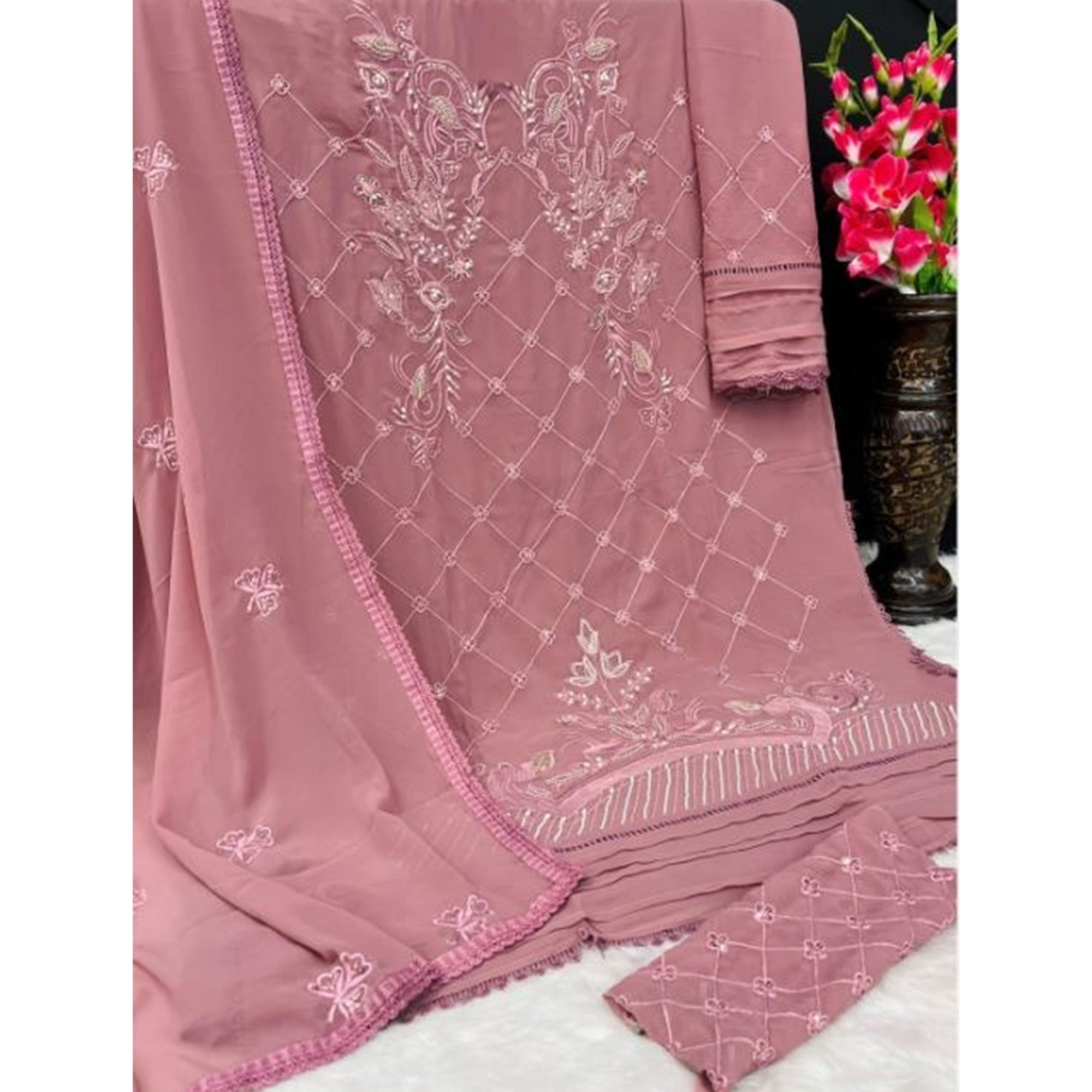 Mauve Heavy Embroidered Work Georgette Dress Material