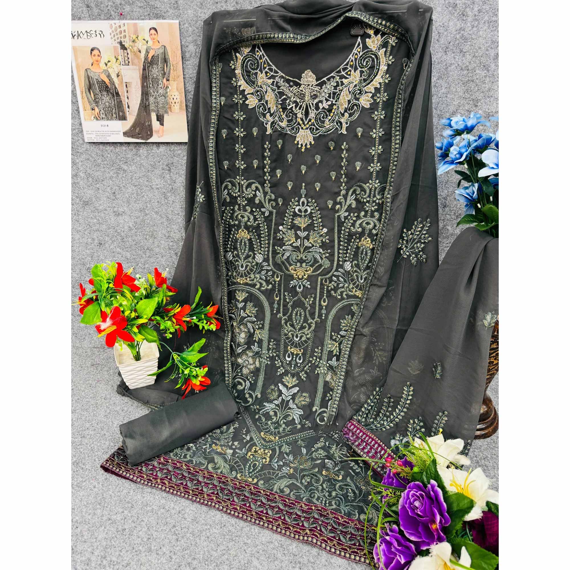 Charcoal Grey Floral Embroidered Georgette Dress Material