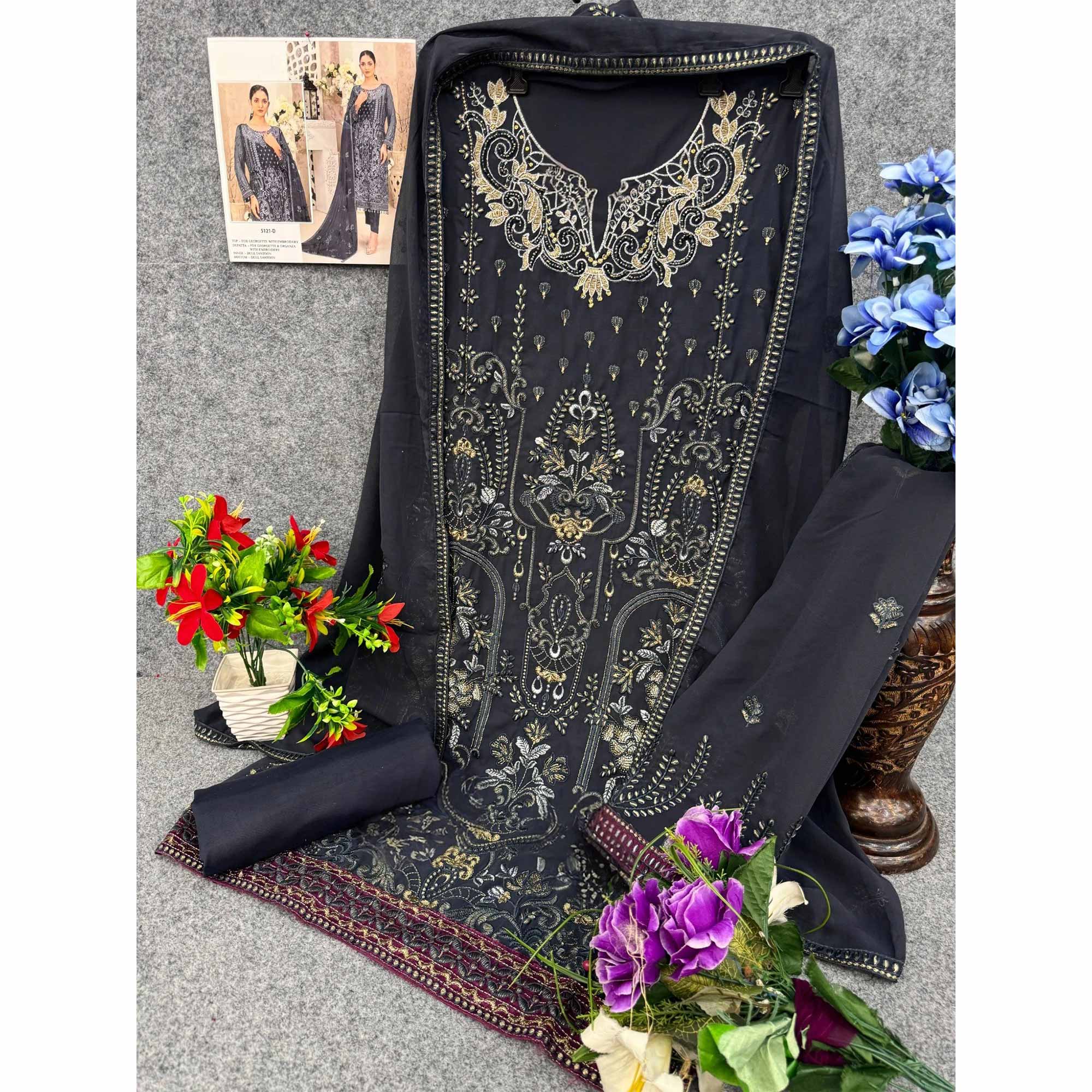 Dark Grey Floral Embroidered Georgette Dress Material