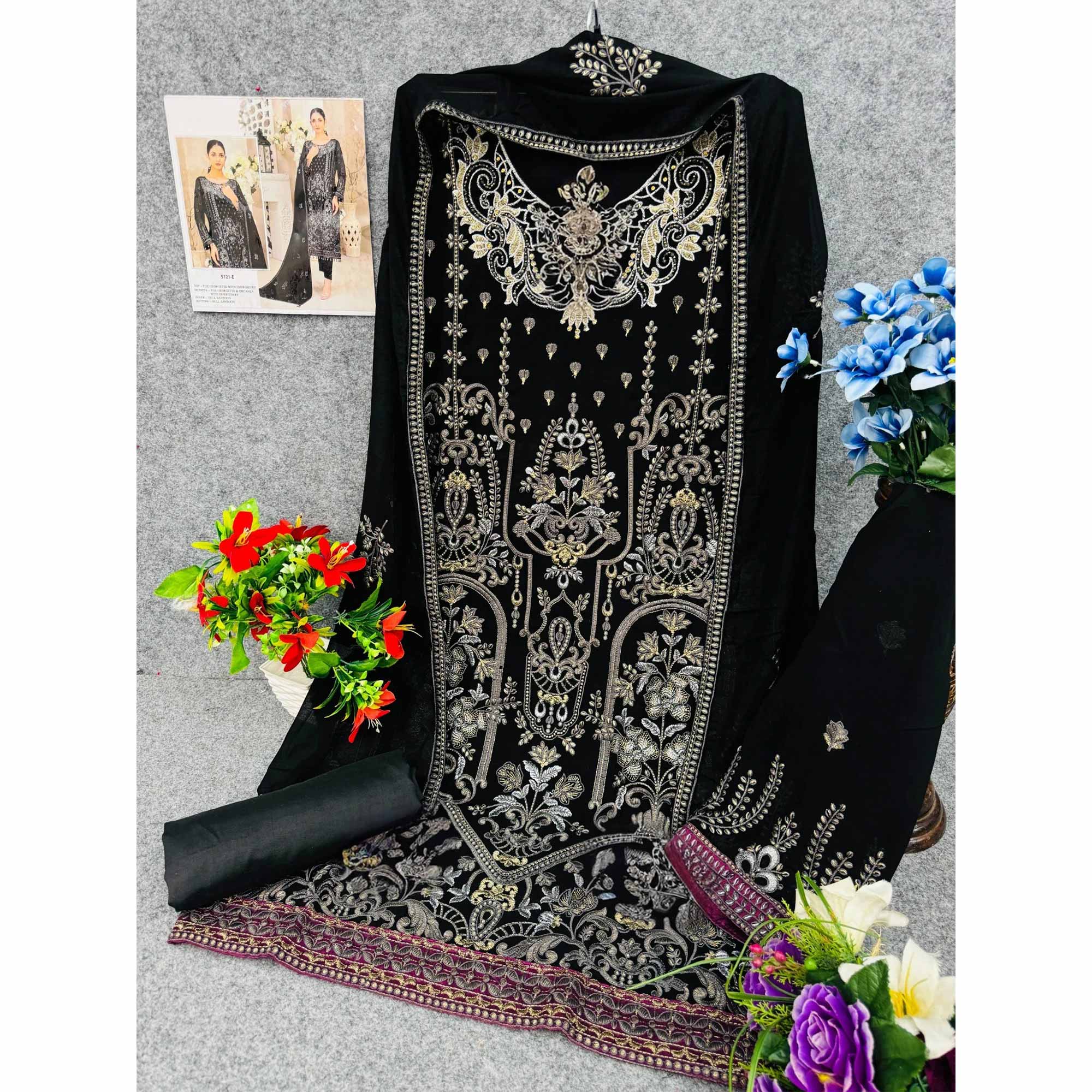 Black Floral Embroidered Georgette Dress Material
