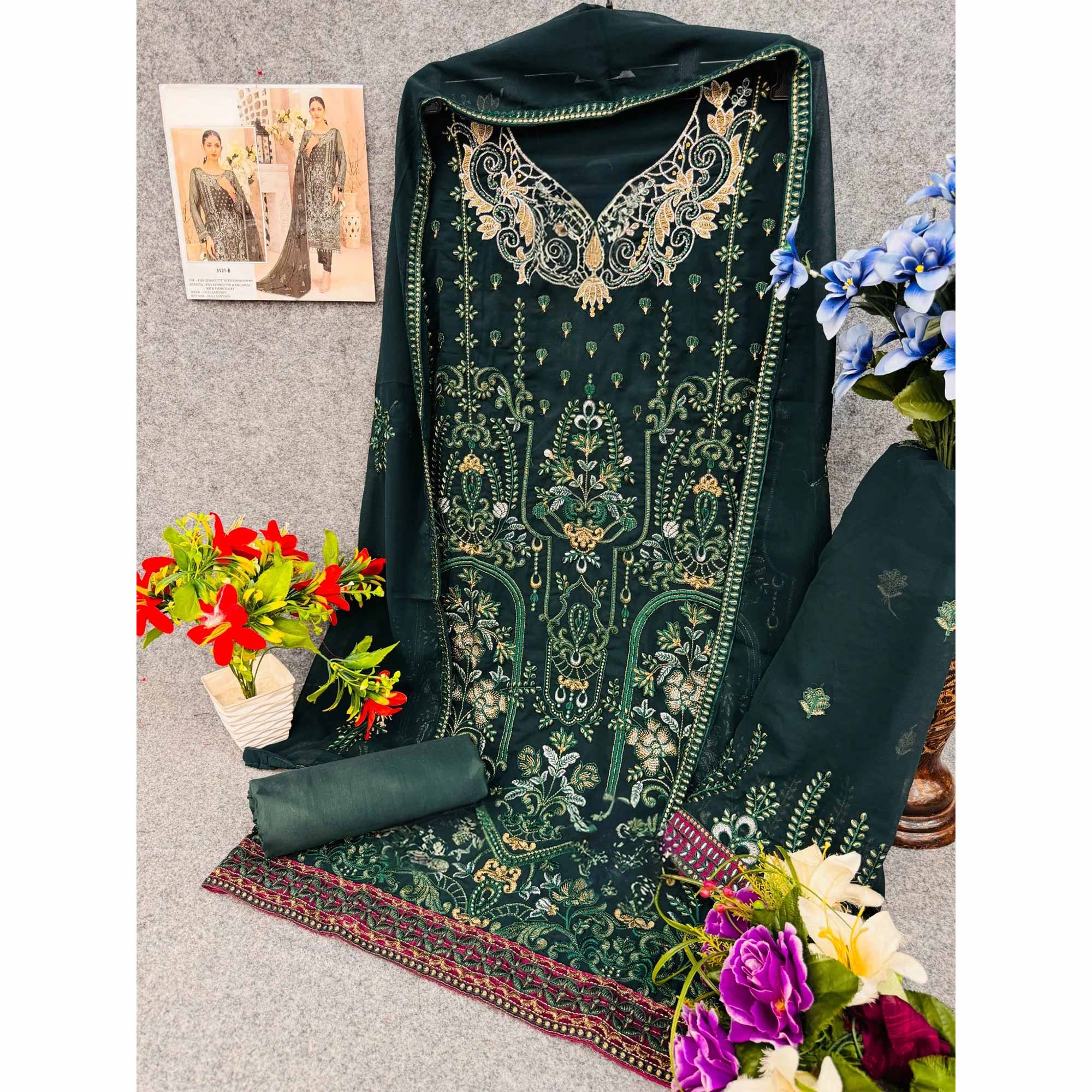 Morpich Green Floral Embroidered Georgette Dress Material